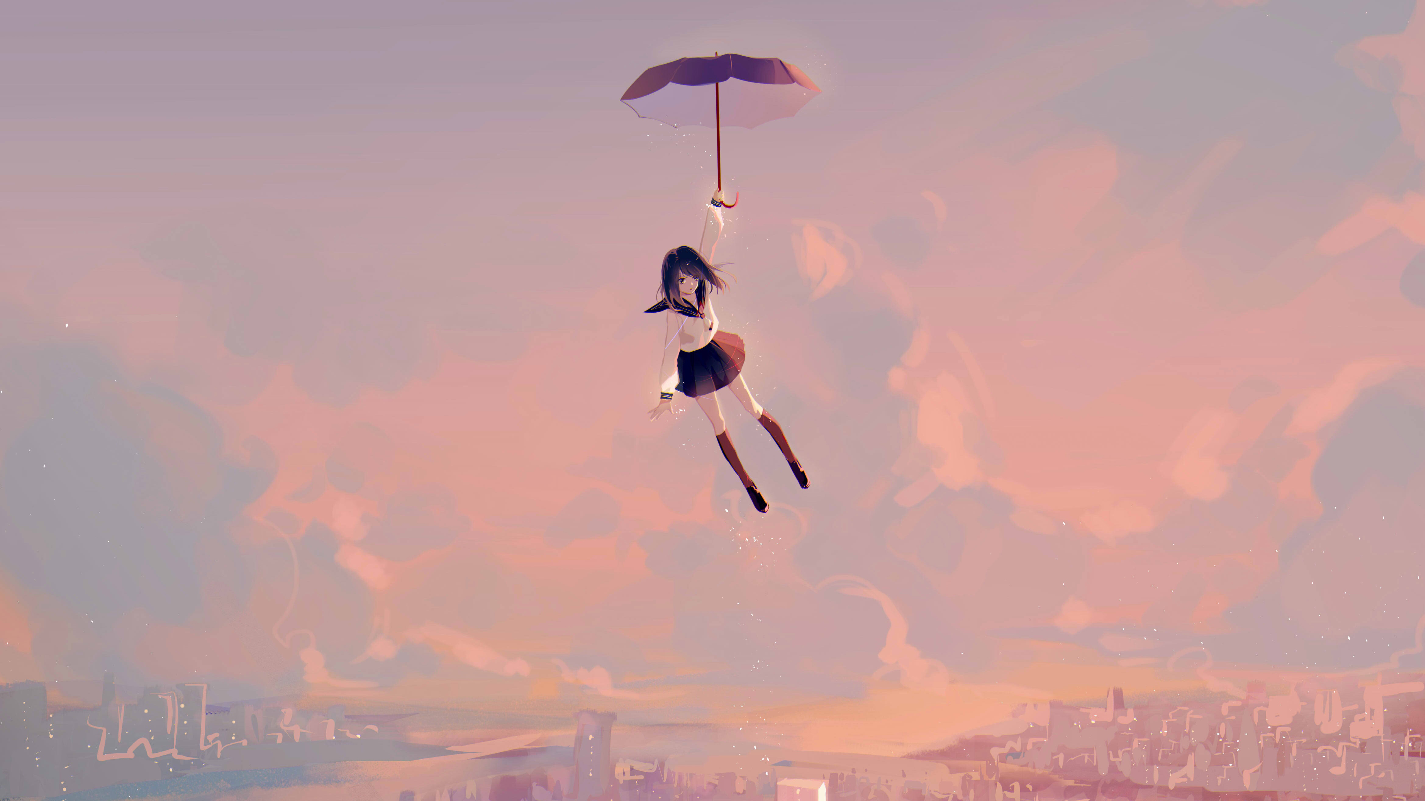 Anime girl, wings, flying, cityscape, sky, black hair, sniper, Anime, HD  wallpaper | Peakpx