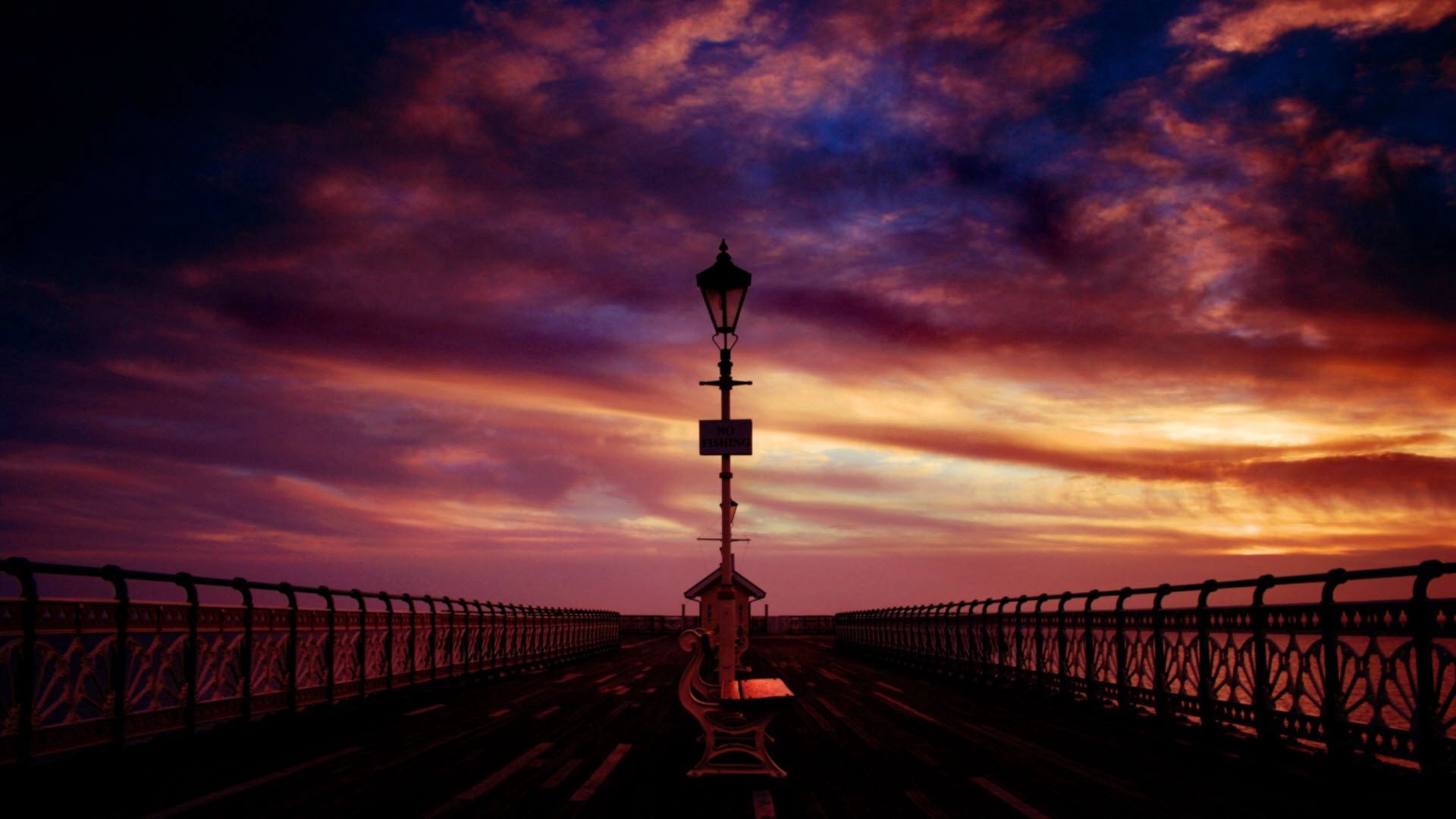 bench, sea, sunset, sky, dark, pier, evening Free Stock Photo