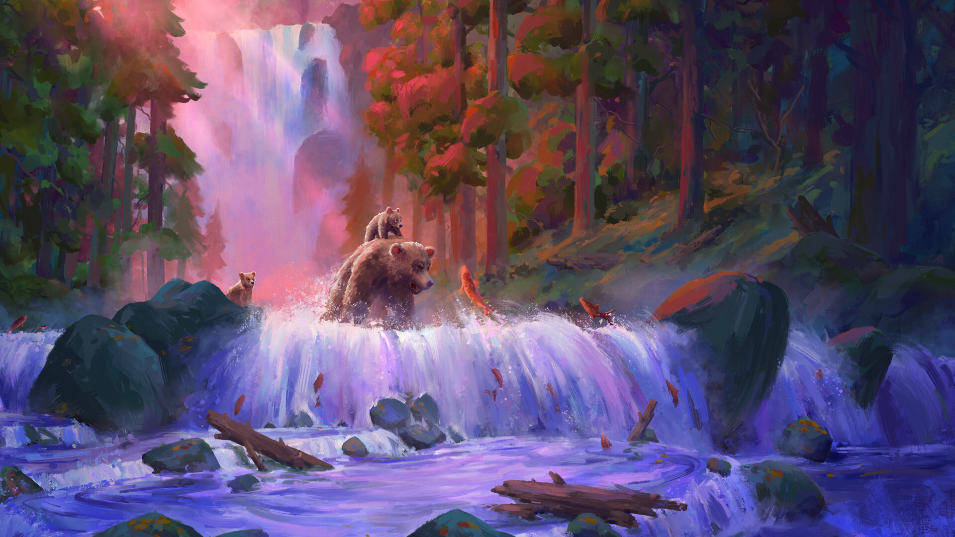 bear, grizzly bear, artistic, waterfall