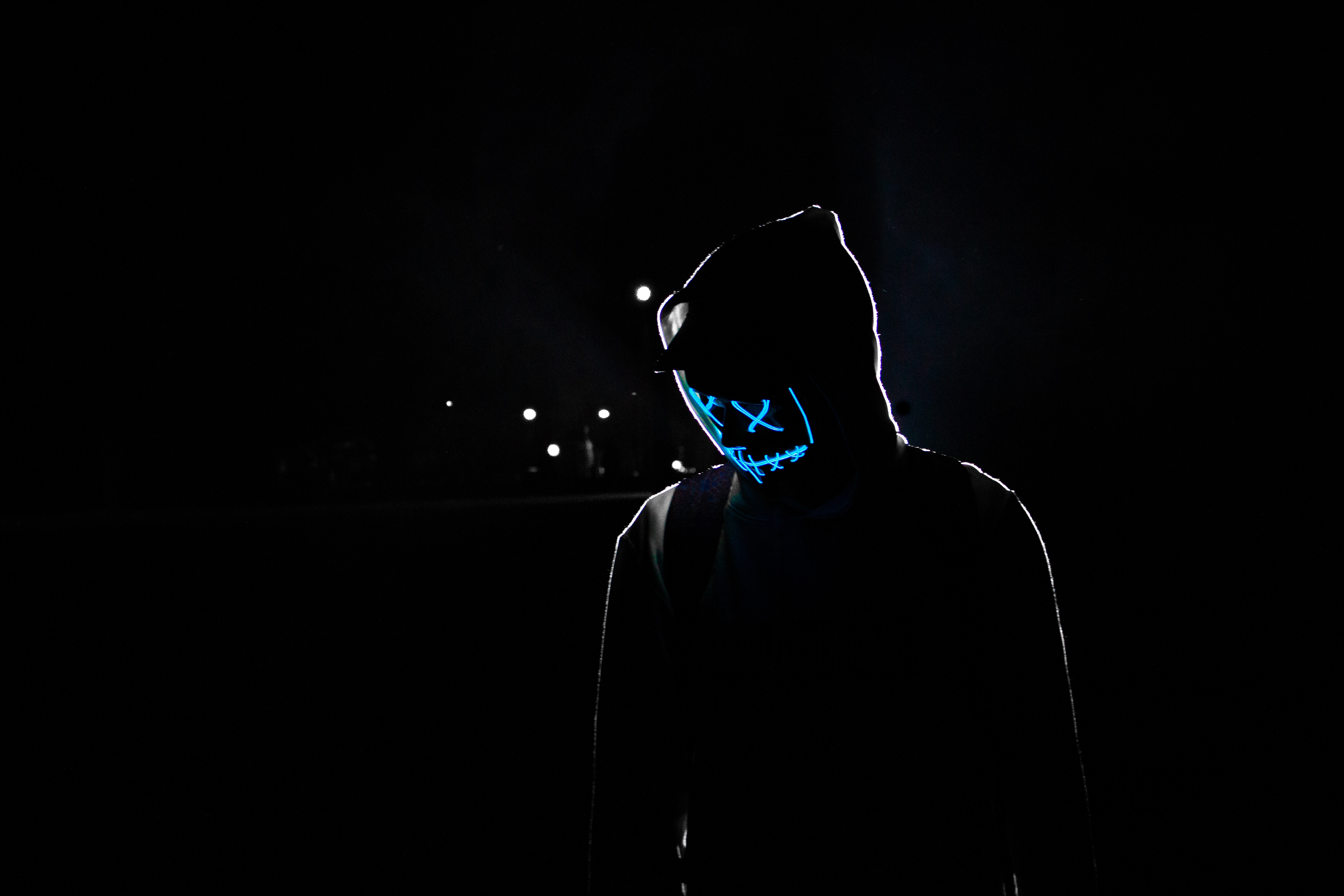 Download mobile wallpaper Mask, Human, Person, Glow, Hood, Dark, Neon for free.