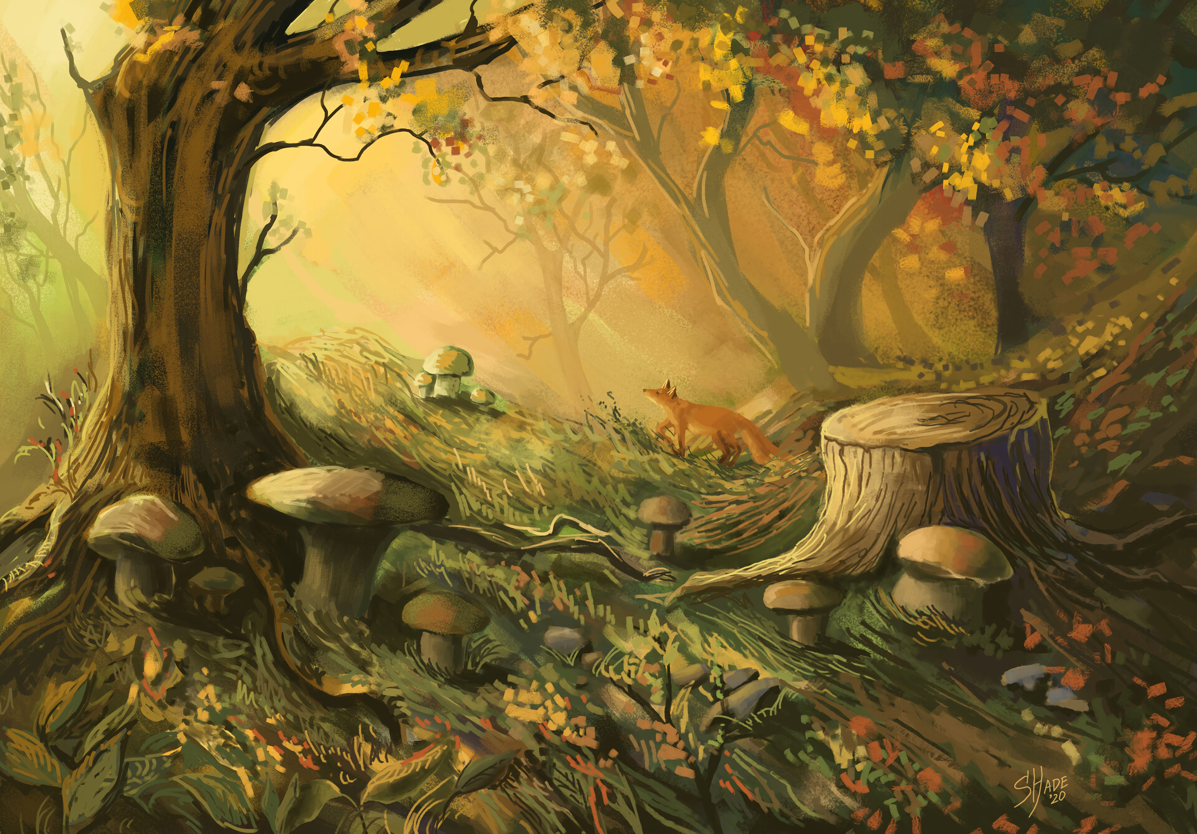 Free download wallpaper Trees, Forest, Mashrooms, Fox, Art on your PC desktop