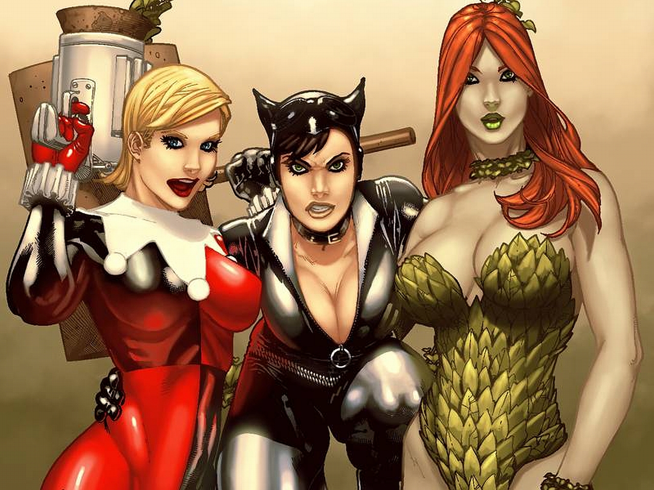 comics, gotham city sirens, catwoman, harley quinn, poison ivy Smartphone Background