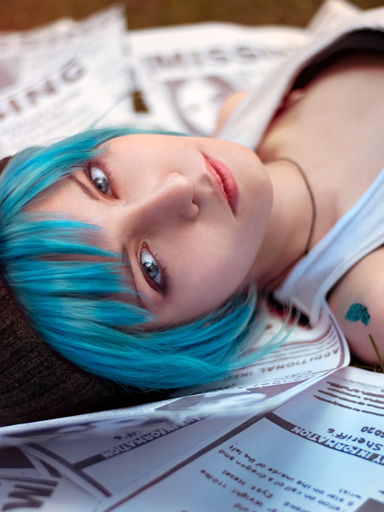 video game, cosplay, hat, tattoo, life is strange, newspaper, chloe price, blue hair