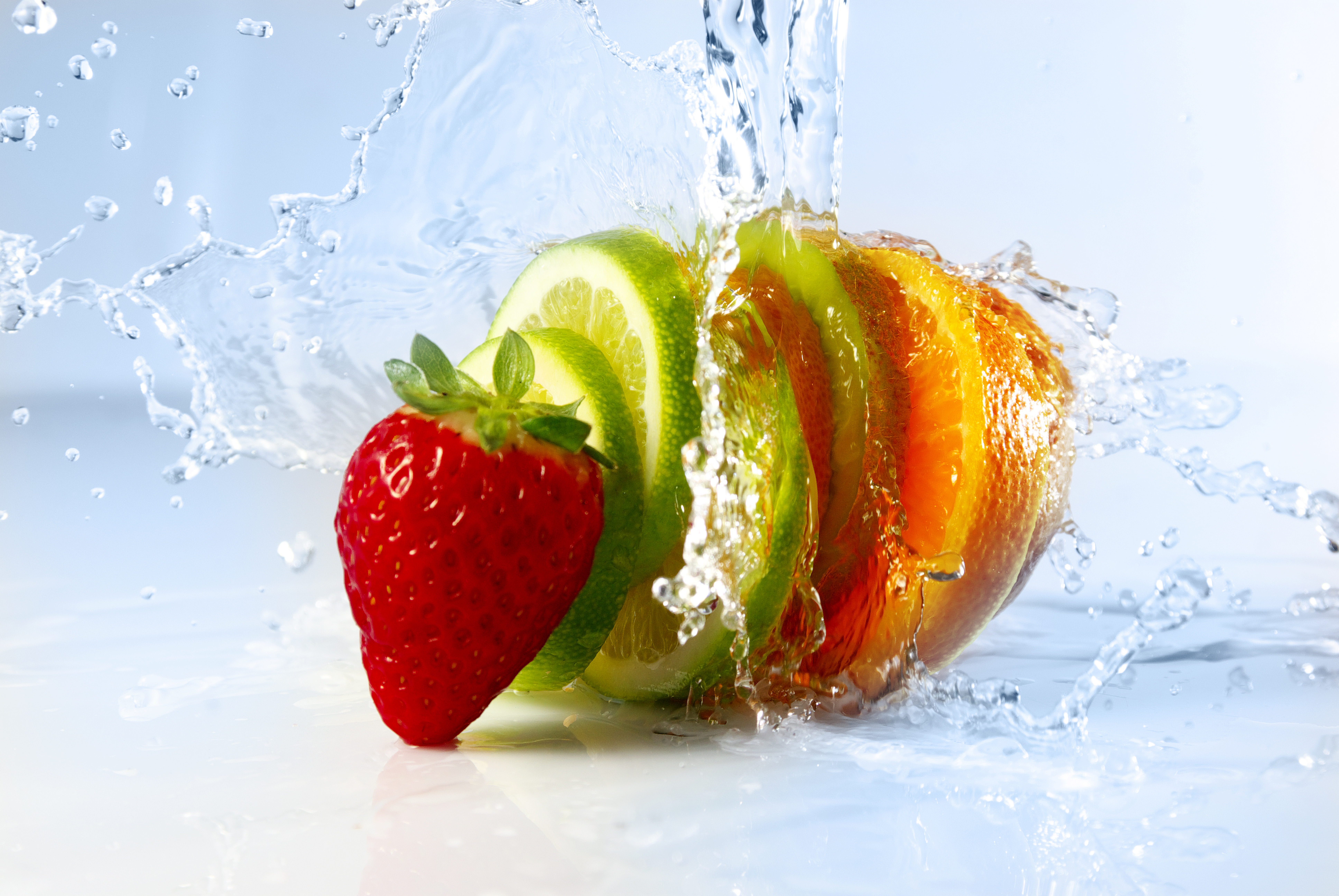 food, fruit, lime, orange (fruit), strawberry, water, fruits