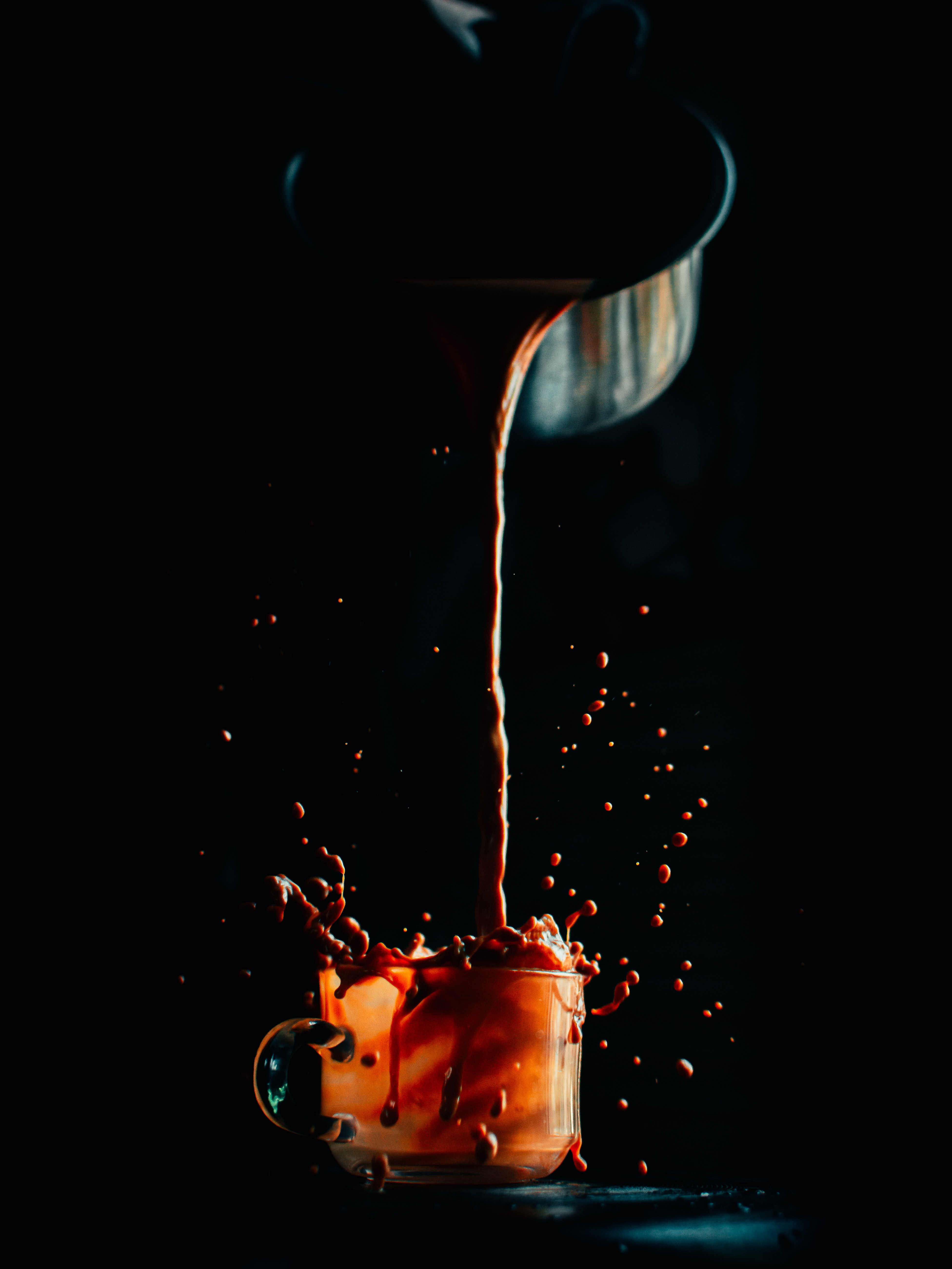 Download mobile wallpaper Cup, Food, Spray, Coffee, Drink, Beverage, Dark for free.