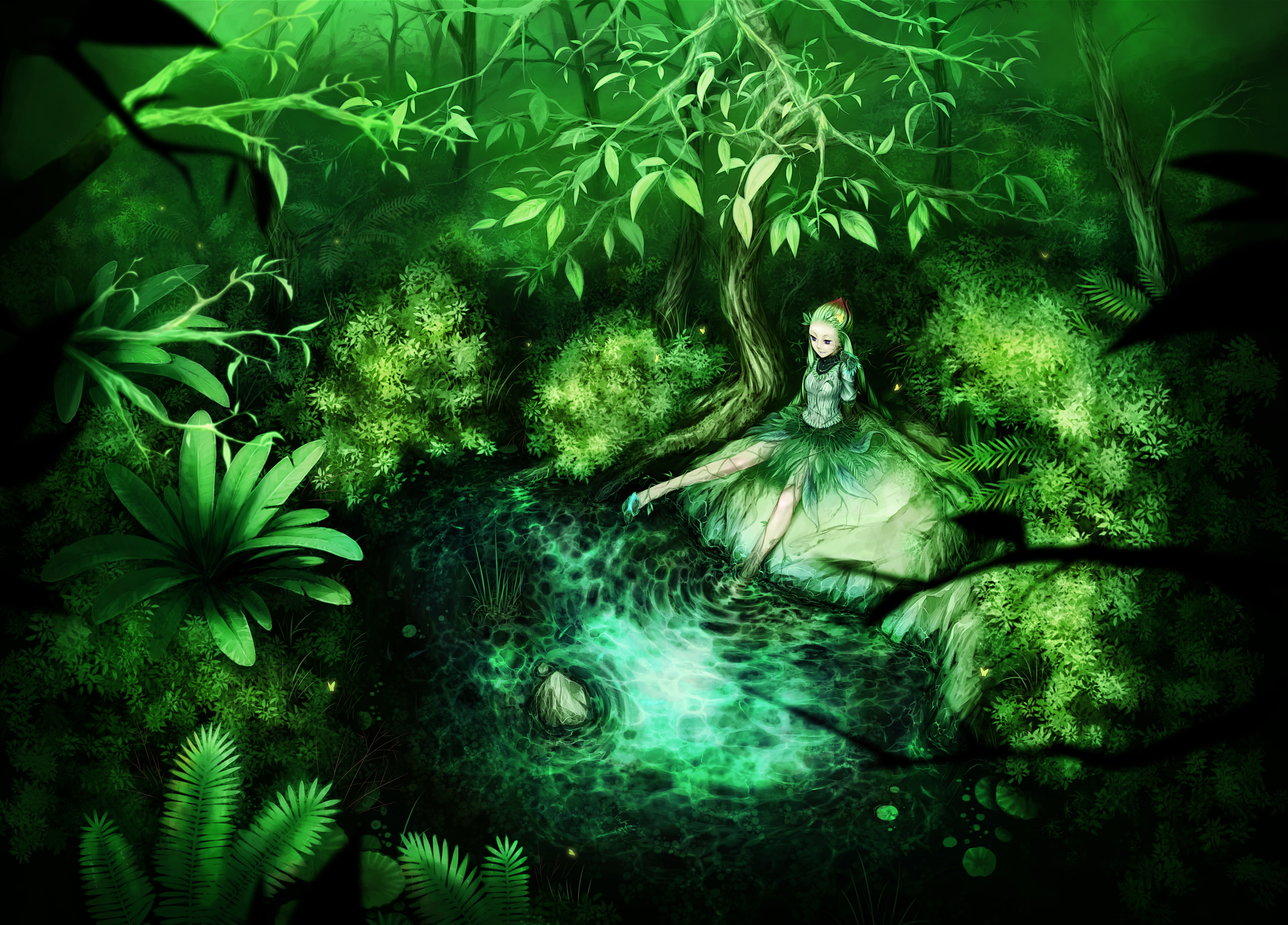 fantasy, forest, fairy, green, druid, elf, pond, tree 1080p
