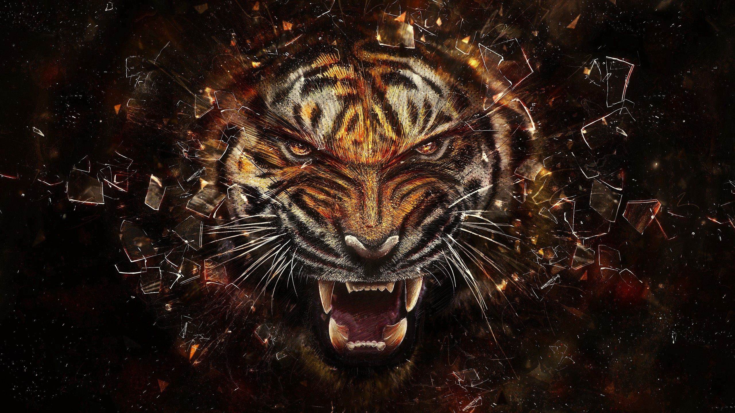 aggression, smithereens, tiger, abstract, grin, glass, shards
