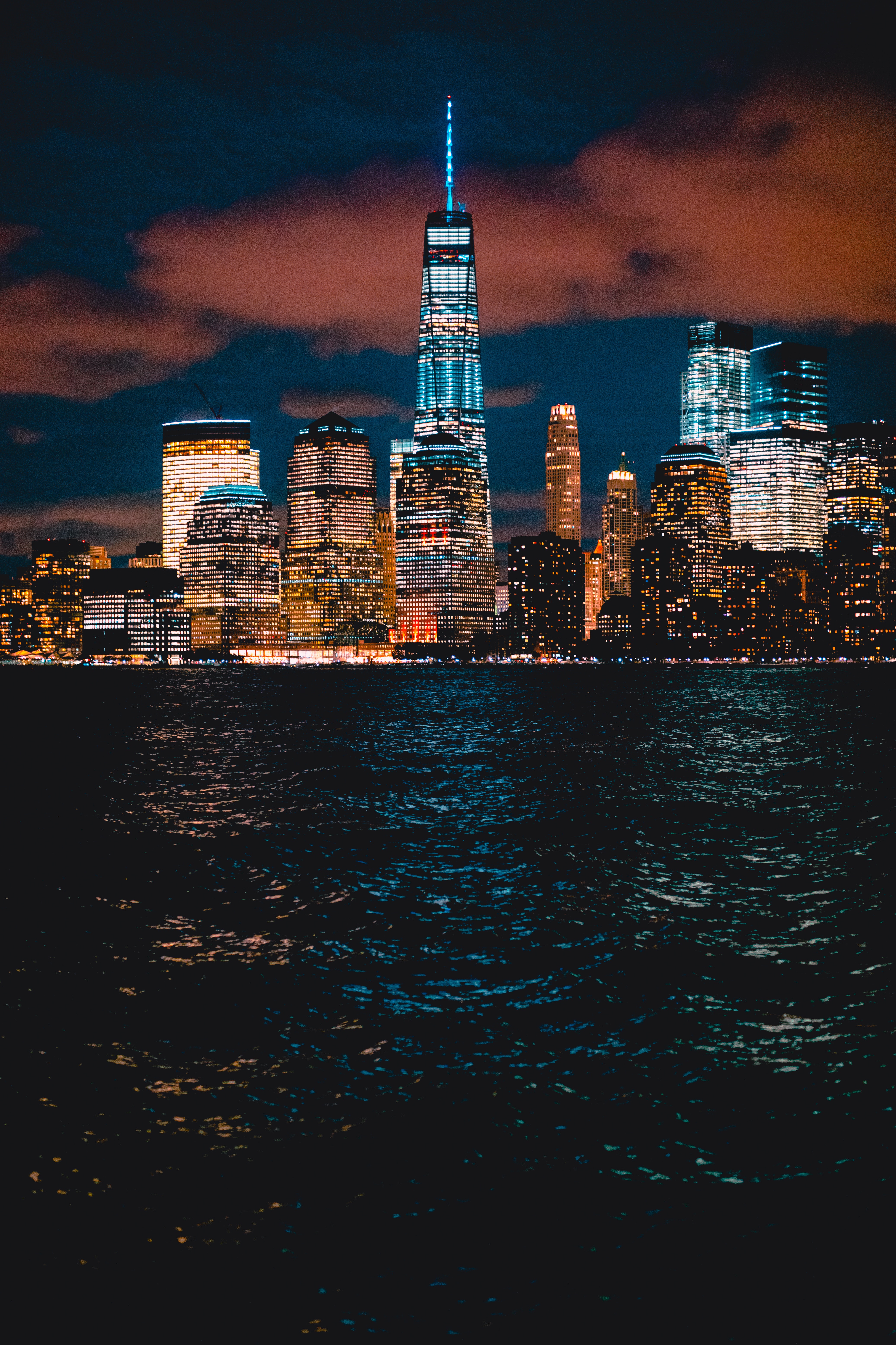 Download mobile wallpaper New York, Cities, Shore, Bank, Skyscrapers, United States, Night, Usa for free.