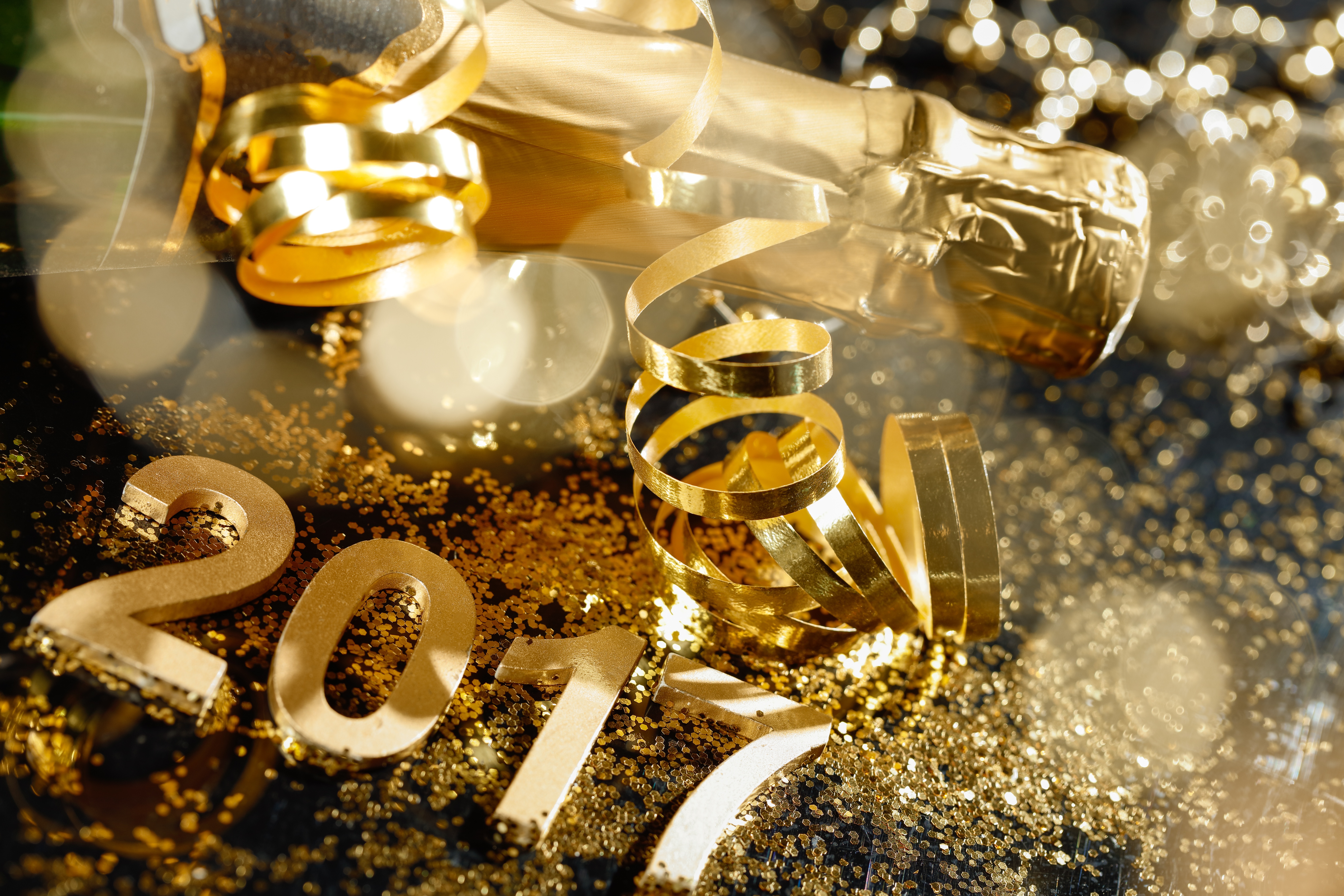 holiday, new year 2017, champagne, golden, new year, ribbon desktop HD wallpaper