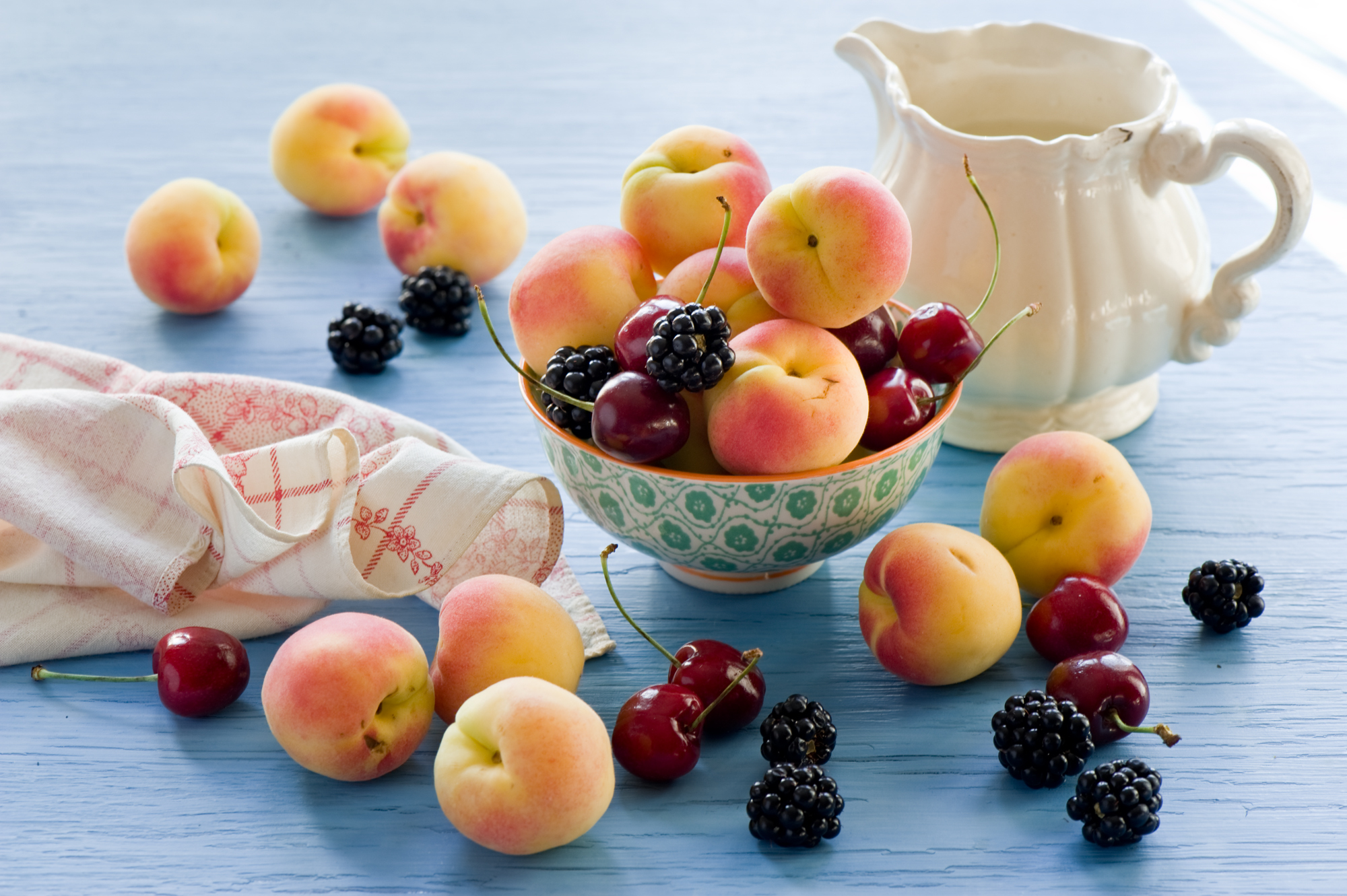 Download mobile wallpaper Fruits, Food, Cherry, Still Life, Blackberry, Fruit, Peach for free.