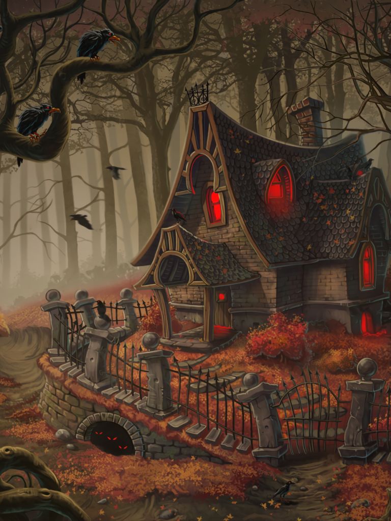 Download mobile wallpaper Fantasy, Halloween, Forest, Holiday, House, Fence, Haunted House for free.