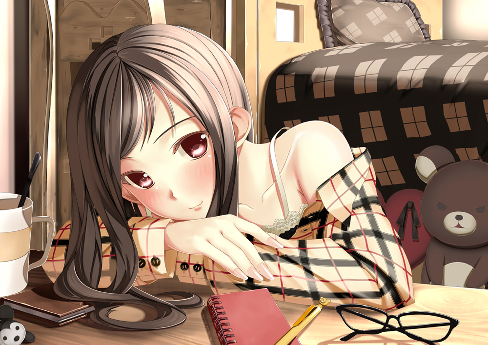 Free download wallpaper Anime, Teddy Bear, Cup, Glass, Book, Pen, Original, Red Eyes, Brown Hair on your PC desktop