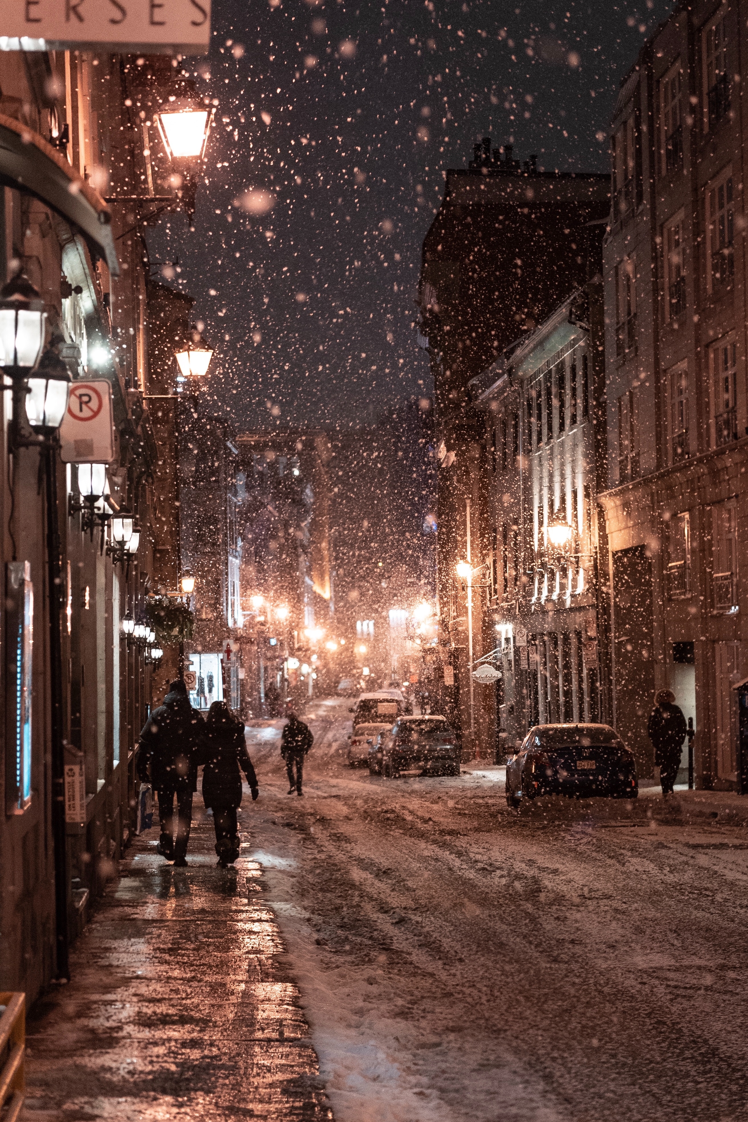 winter, cities, snowfall, people, evening, street, night, city