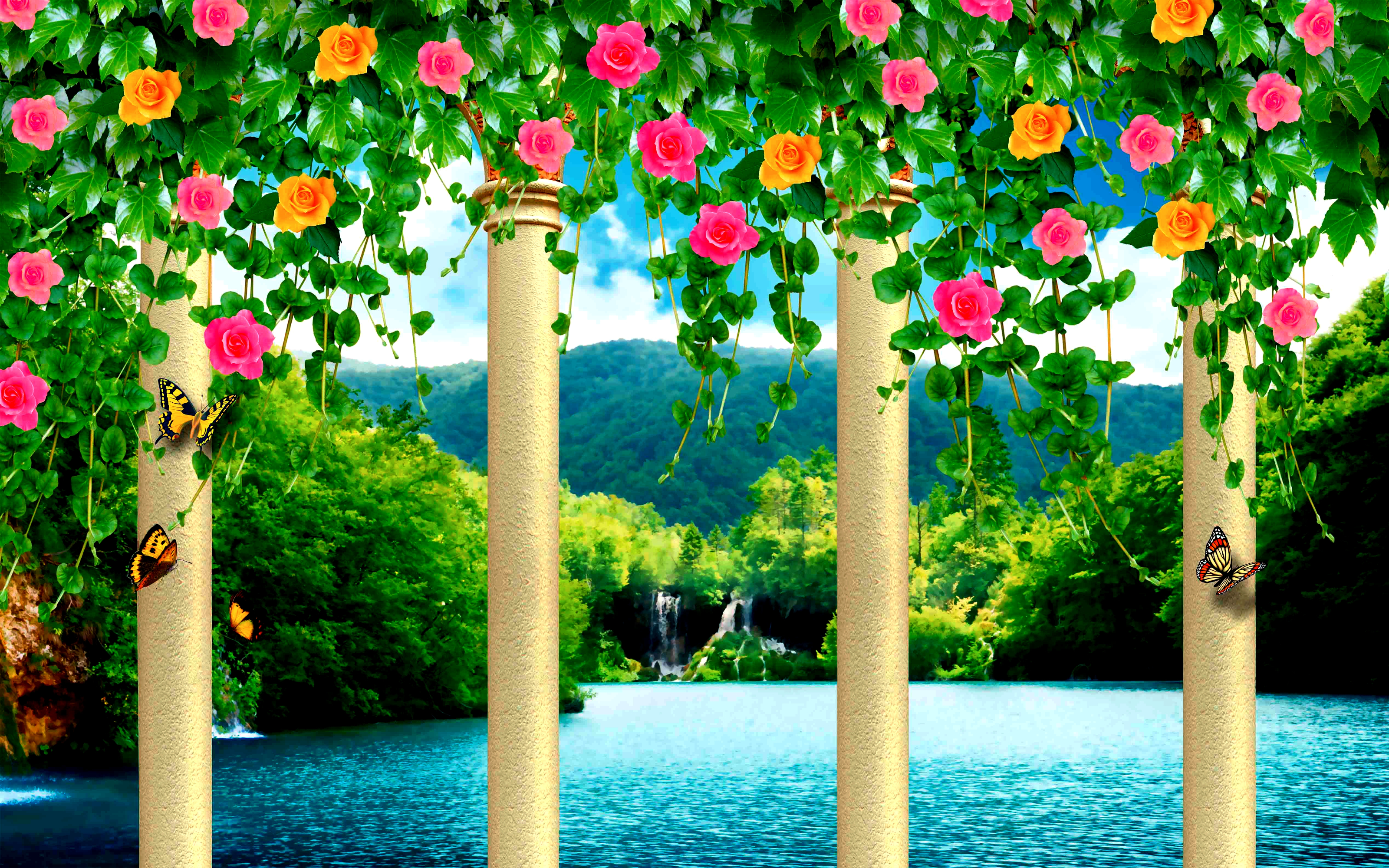 flower, artistic, spring, colorful, columns, forest, lake, nature, rose, waterfall Full HD