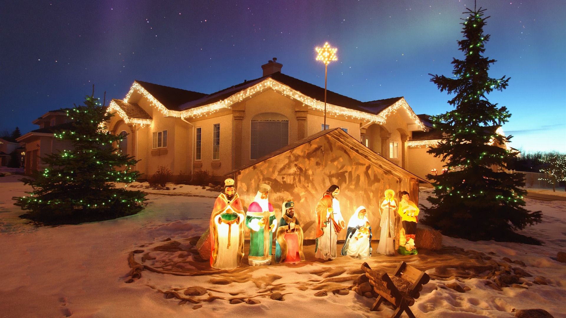 1004862壁紙のダウンロードホリデー, クリスマス, クリスマスのあかり, 家, 降誕, 雪, 星, 木-スクリーンセーバーと写真を無料で
