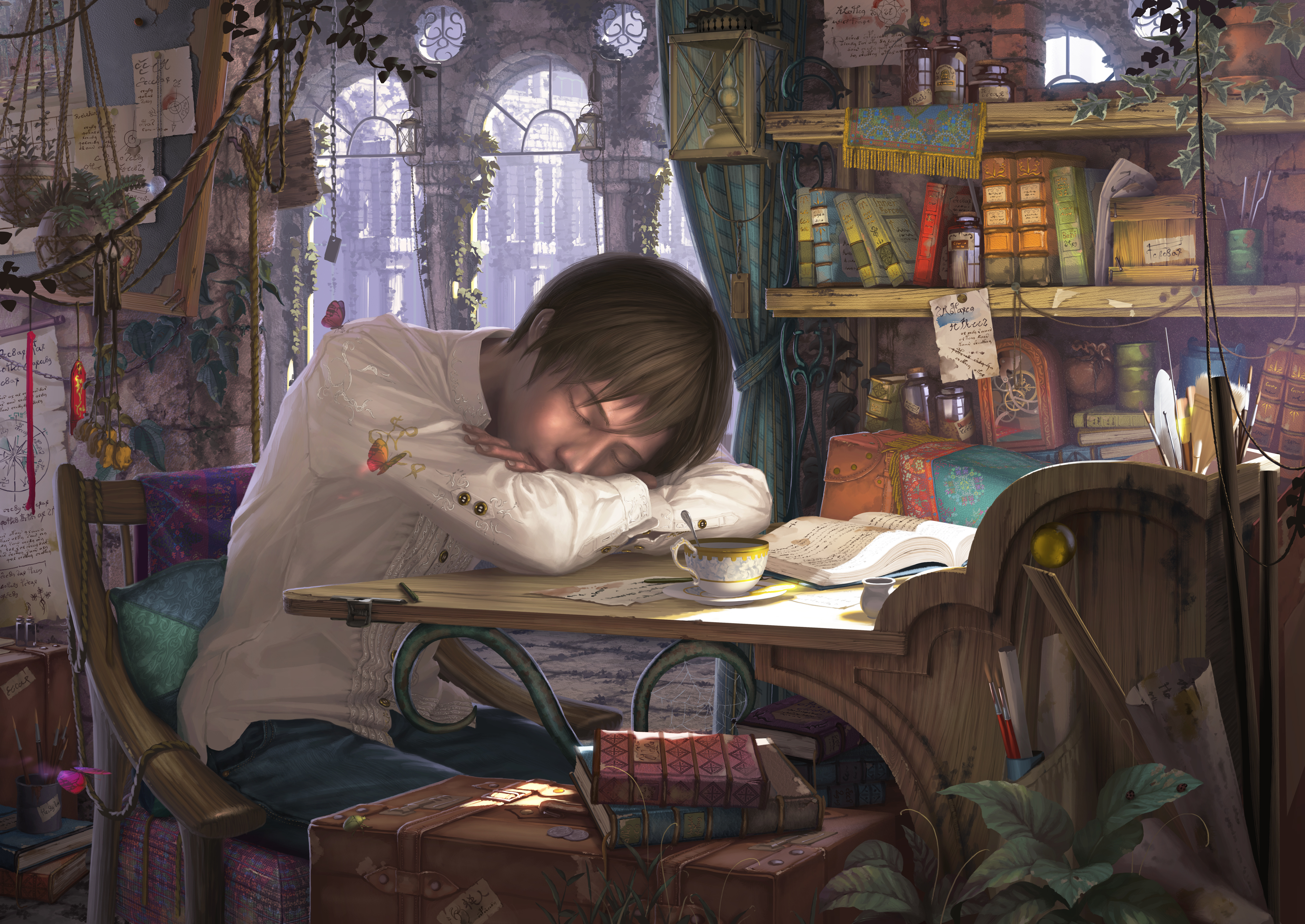 anime, original, book, desk, sleeping Smartphone Background