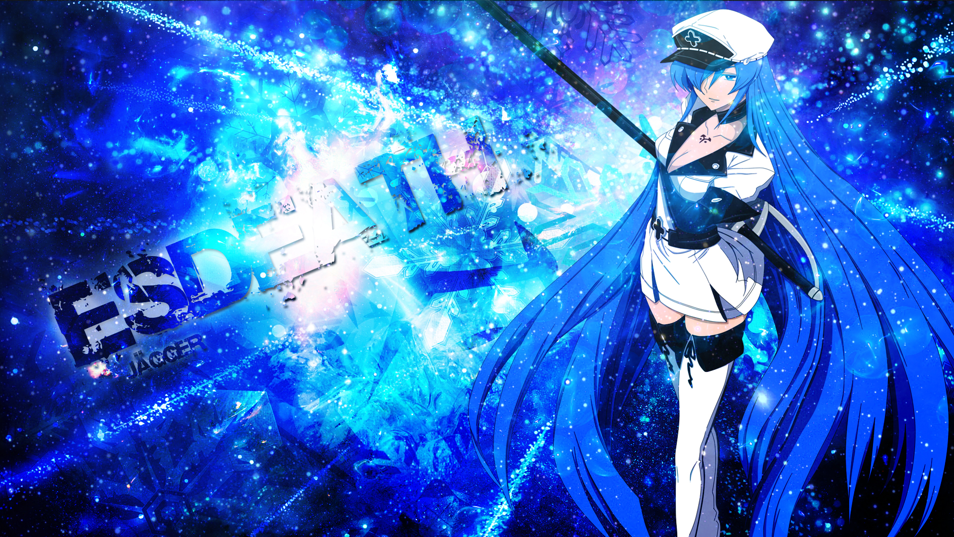 android akame ga kill!, esdeath (akame ga kill!), anime, blue eyes, blue hair, hat, long hair, thigh boots, uniform