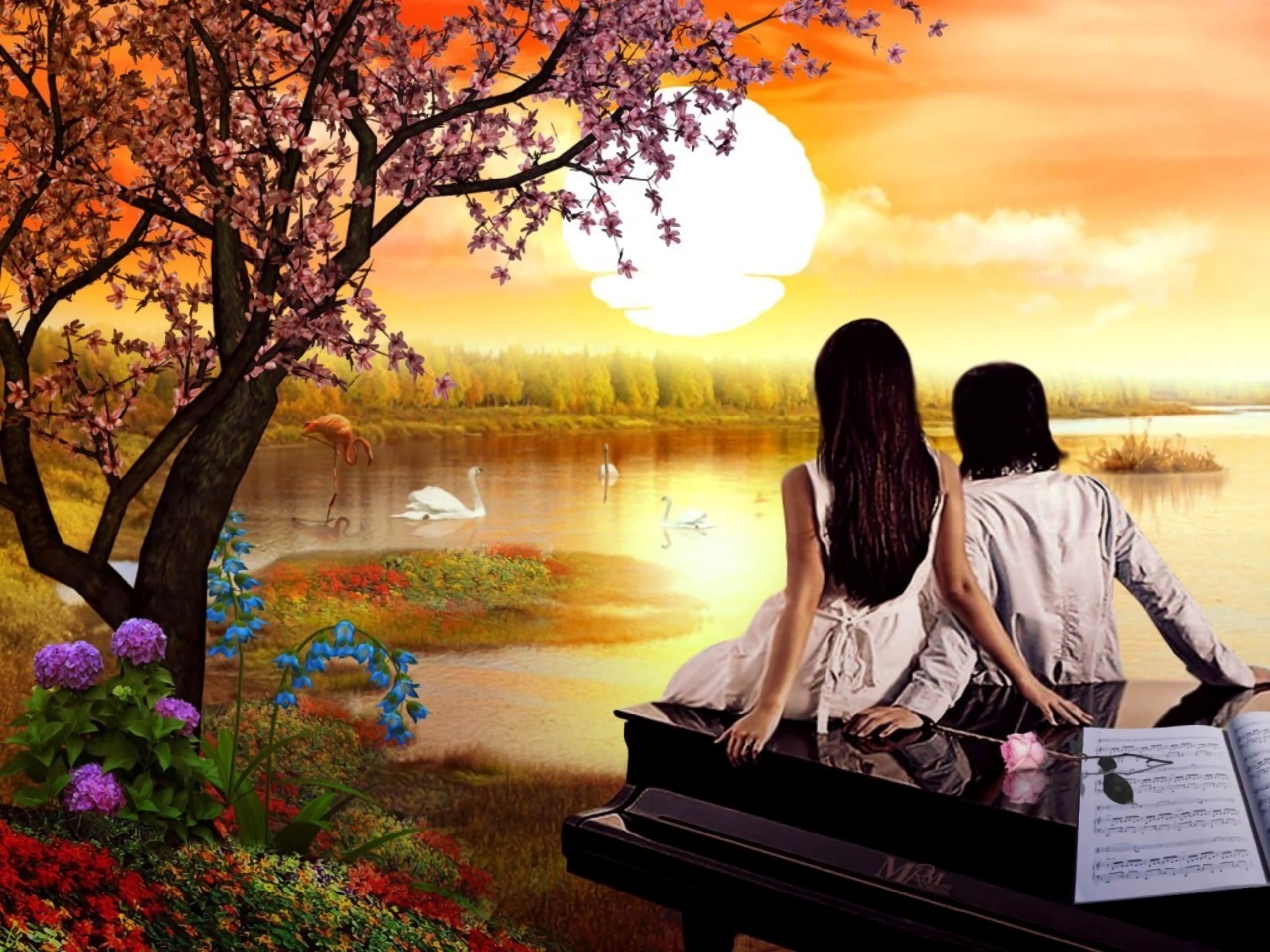 artistic, love, flower, sunset, pond phone background