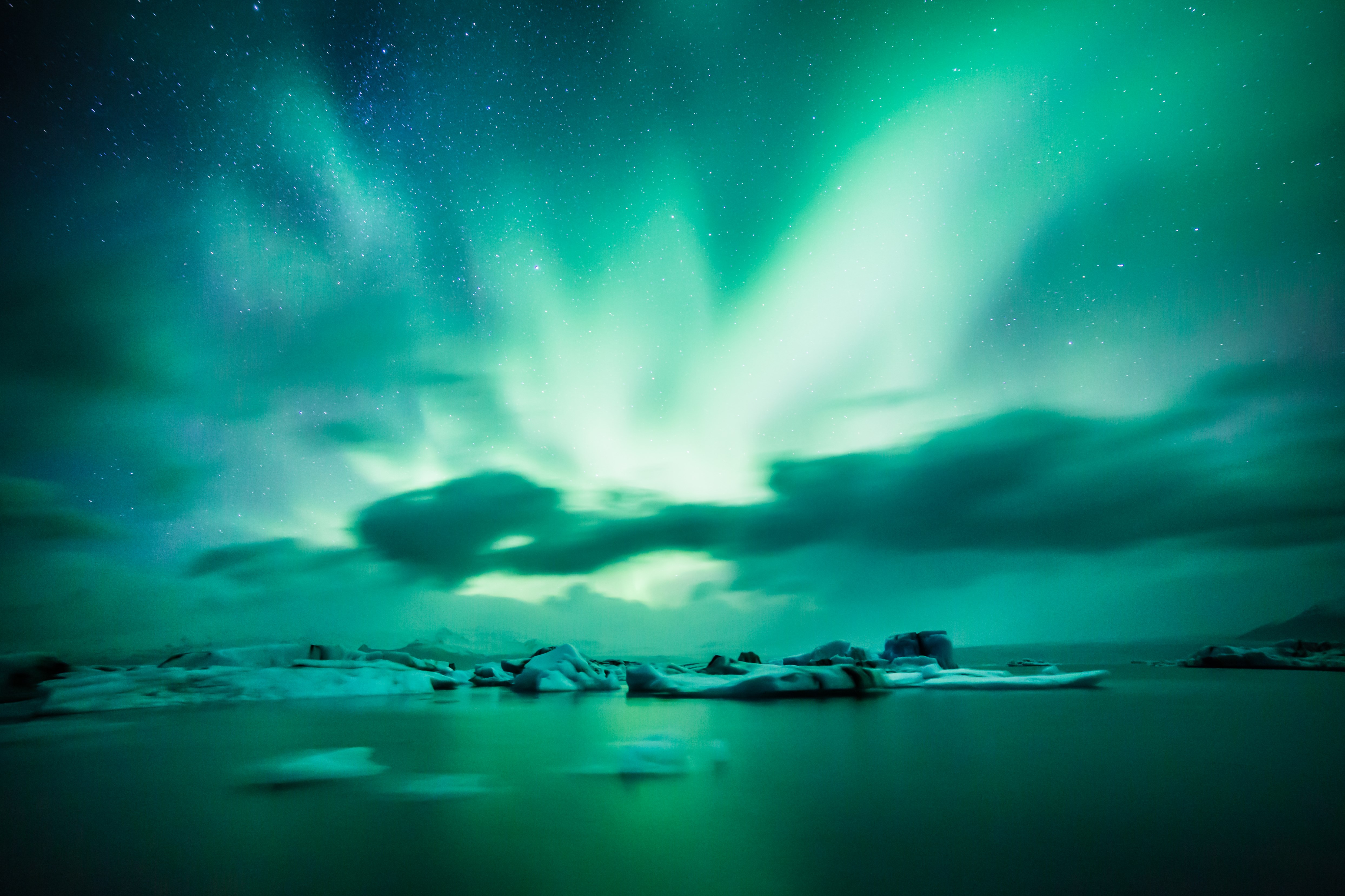 56679 скачать обои природа, лед, аврора, северное сияние, горизонт, озеро, исландия - заставки и картинки бесплатно