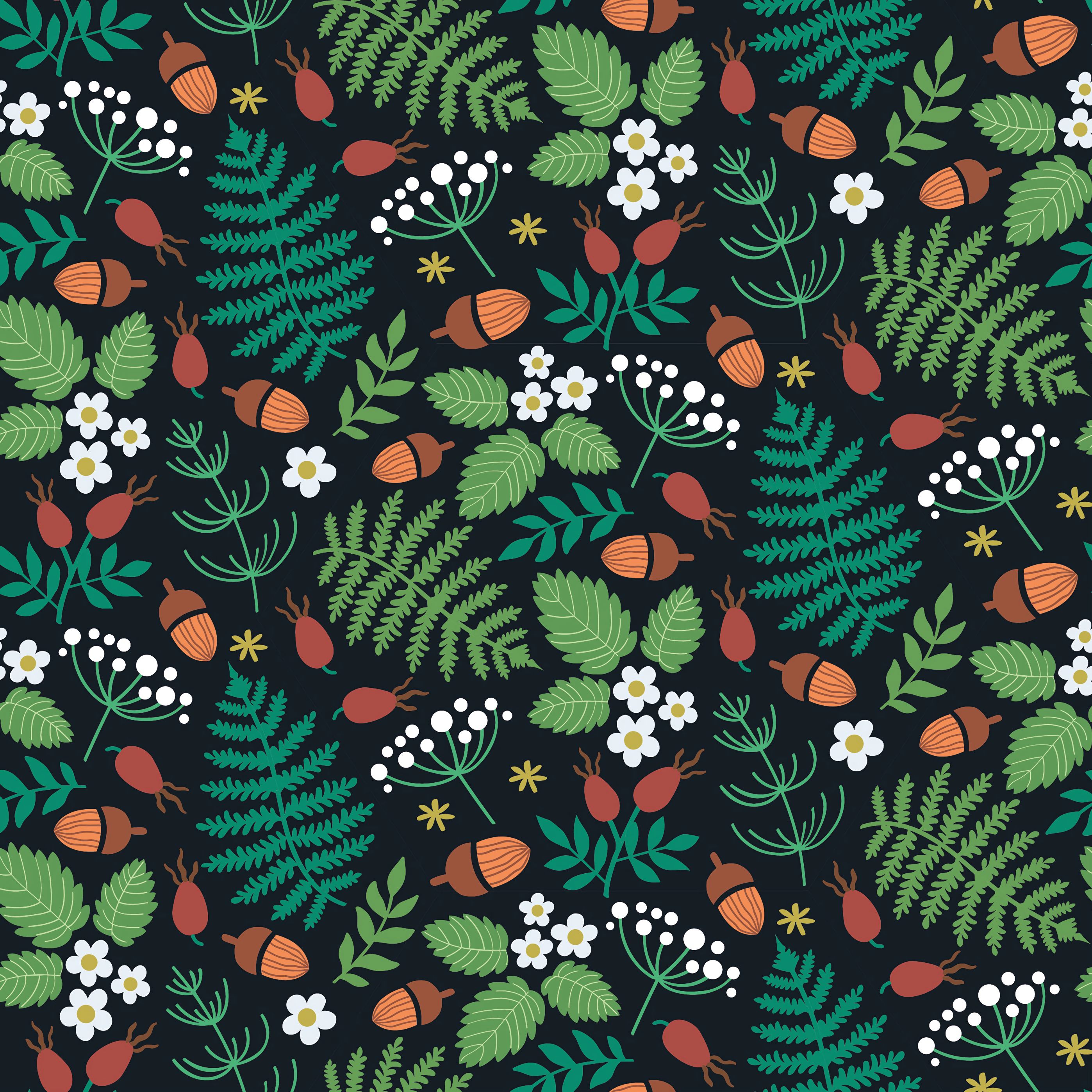 texture, textures, forest, pattern, leaves, strawberry, berries, acorns, wild strawberries, motive Phone Background