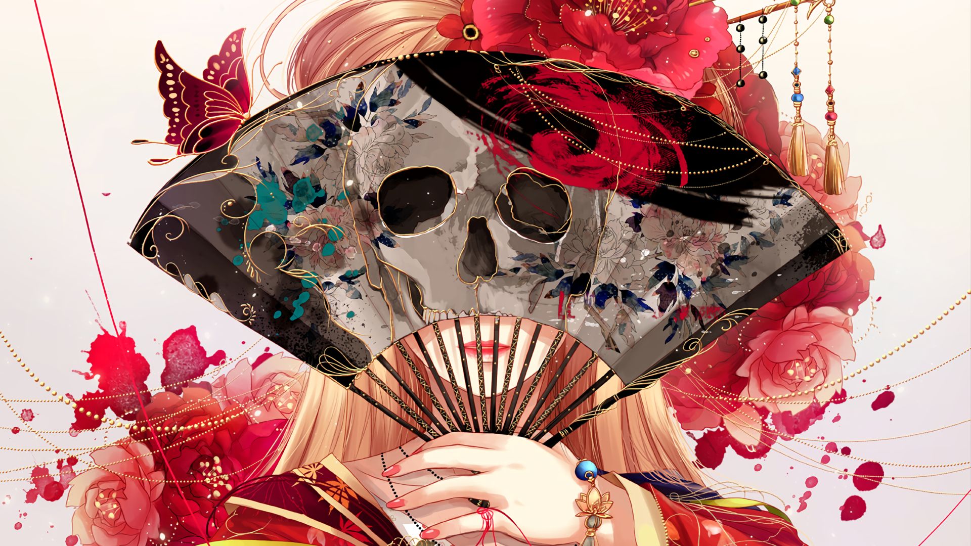 original, skull, anime, blonde, butterfly, fan, flower download HD wallpaper
