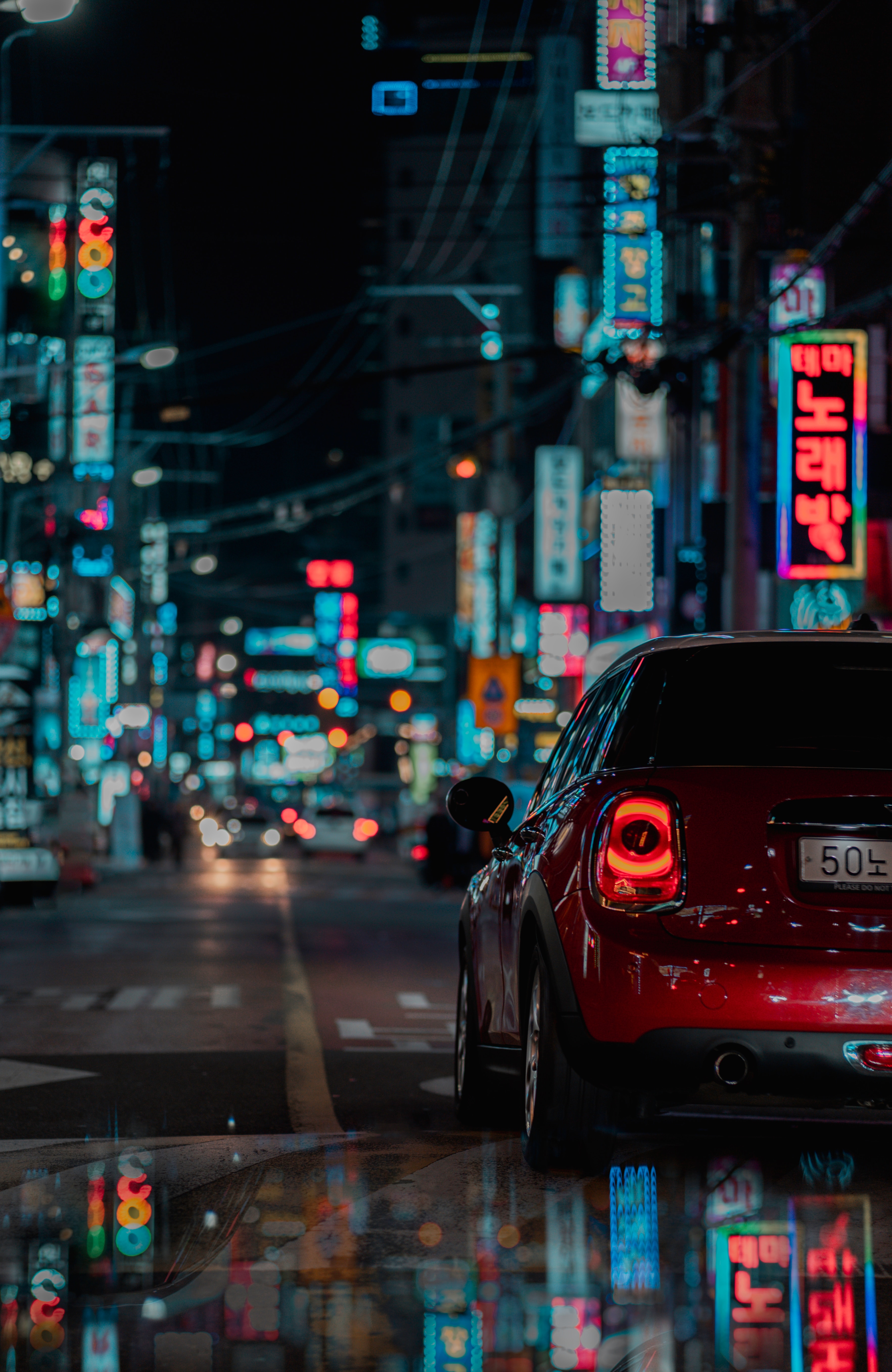street, night city, machine, cars, red, lights, car