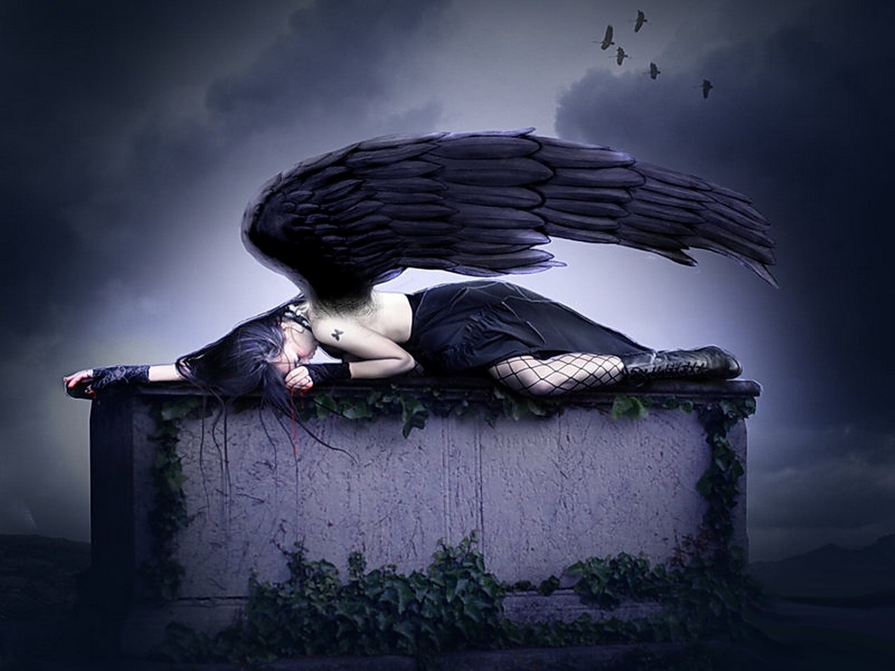 dark, angel, bird, grave, wings iphone wallpaper