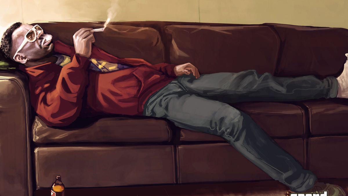 Лежит кайфует. Малыш Джейкоб ГТА 4. Человек лежит с сигаретой. Диван. Сигарета на диване.