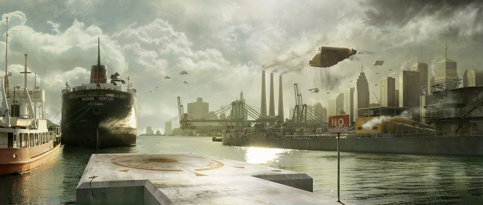 sci fi, city, dock, ship download HD wallpaper