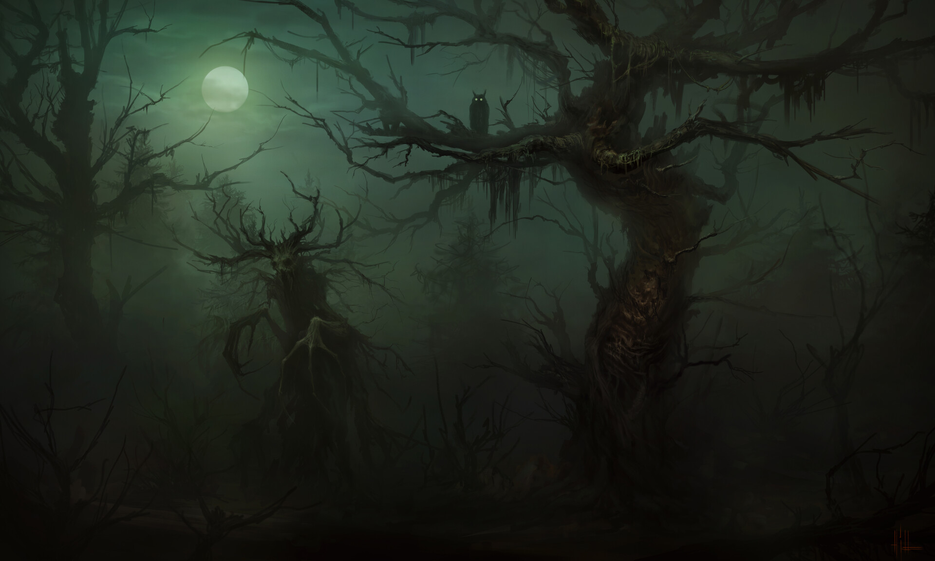 Download mobile wallpaper Dark, Forest, Tree, Creature, Moonlight for free.