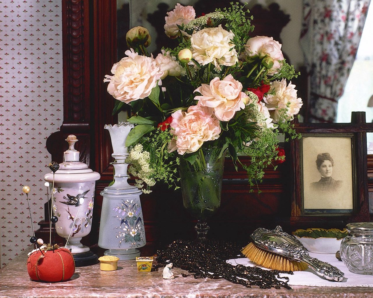 flowers, peonies, bouquet, vase, antiquity, old man, frame, rarity, hairbrush, comb
