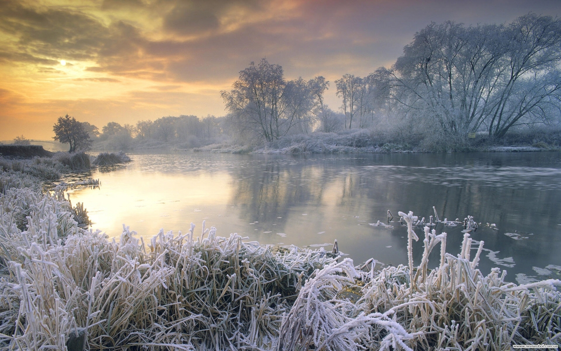 Download mobile wallpaper Winter, Rivers, Snow, Landscape, Sunset for free.