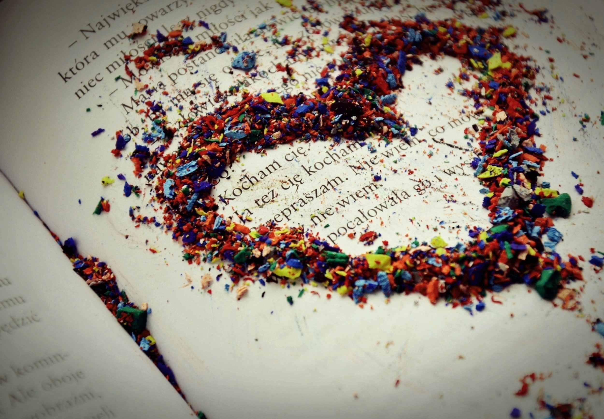 text, love, heart, multicolored, motley, chip, book, shavings mobile wallpaper
