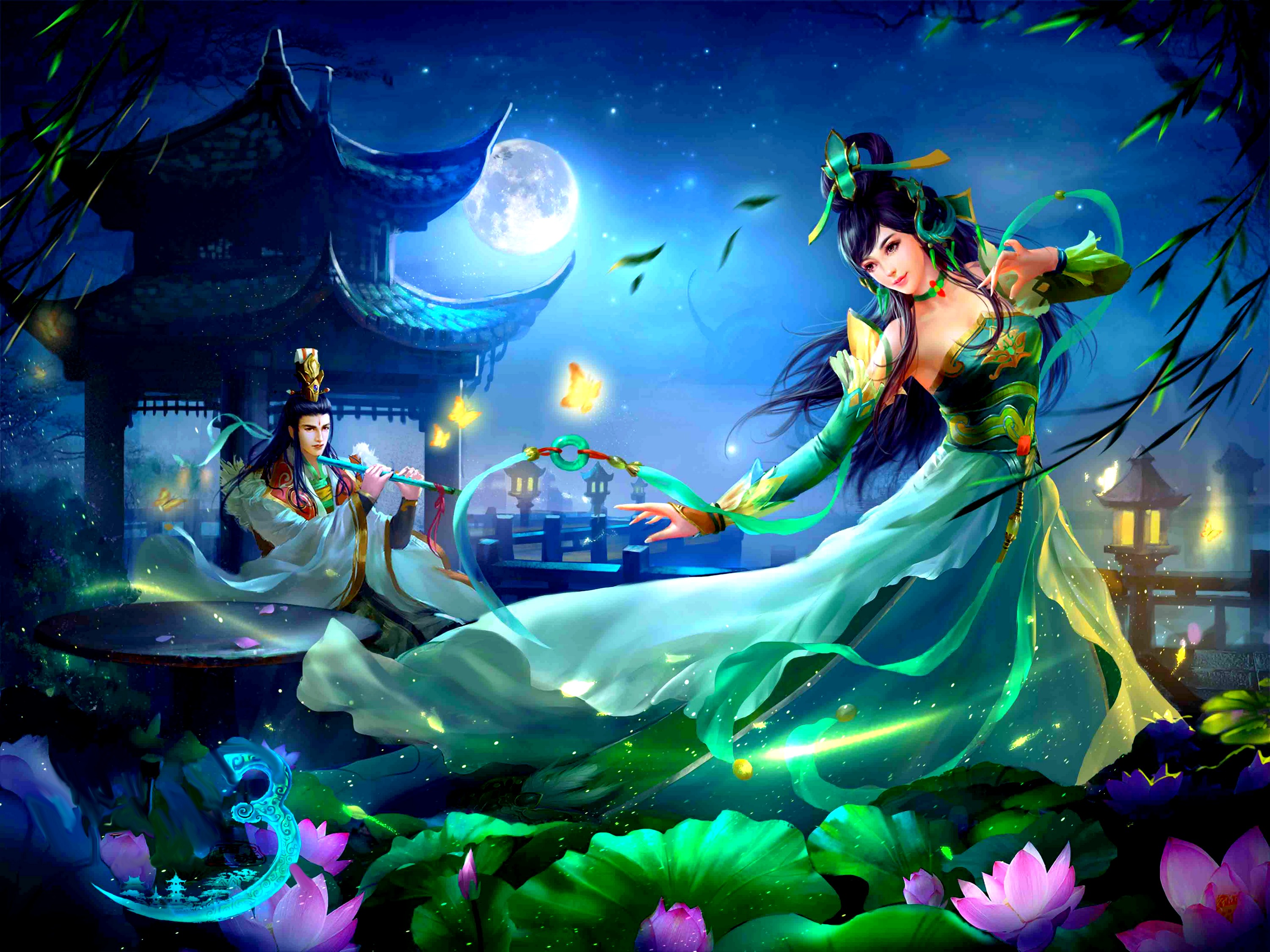 dance, fantasy, women, dancer, flute, lotus, moon, musician, pagoda