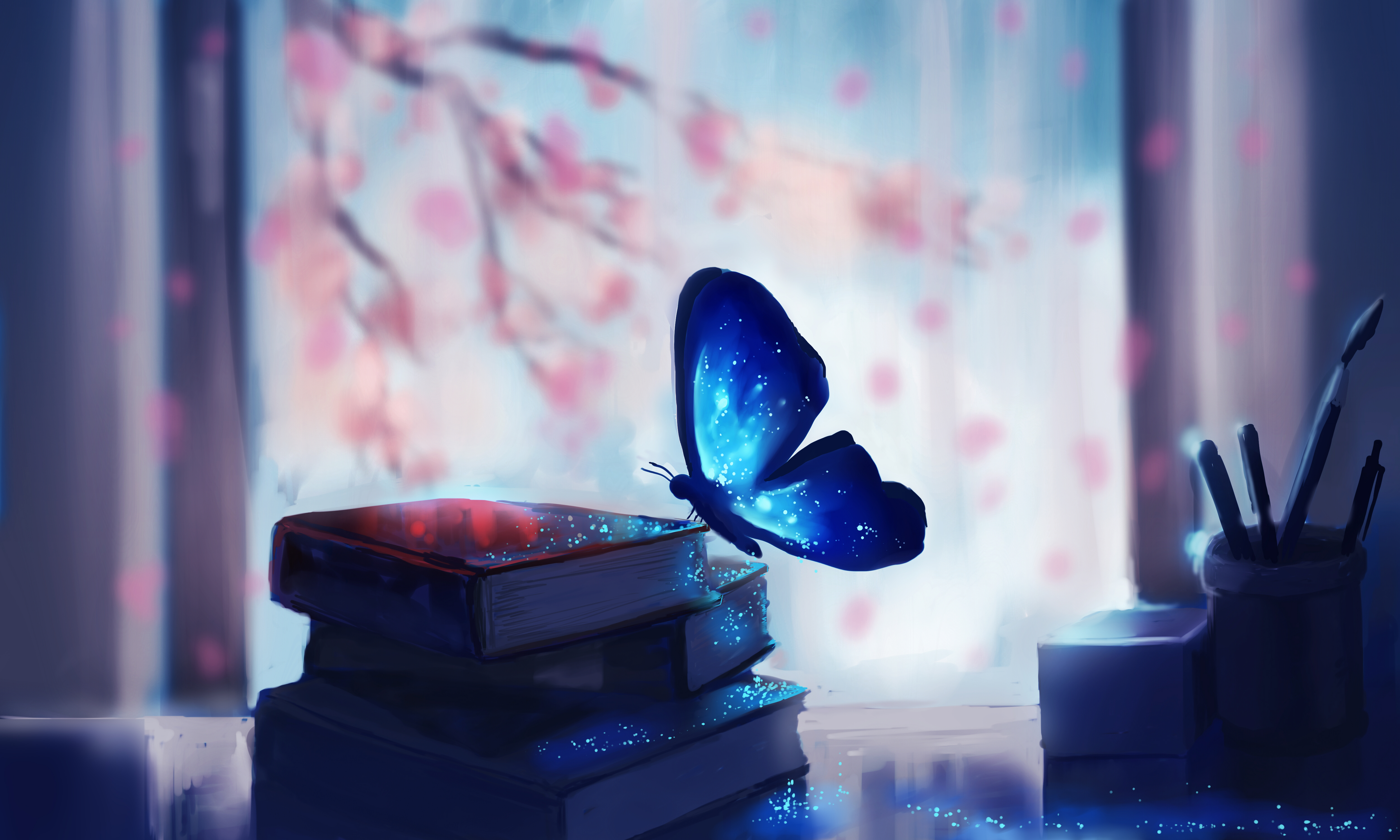 butterfly, magic, books, art, glare