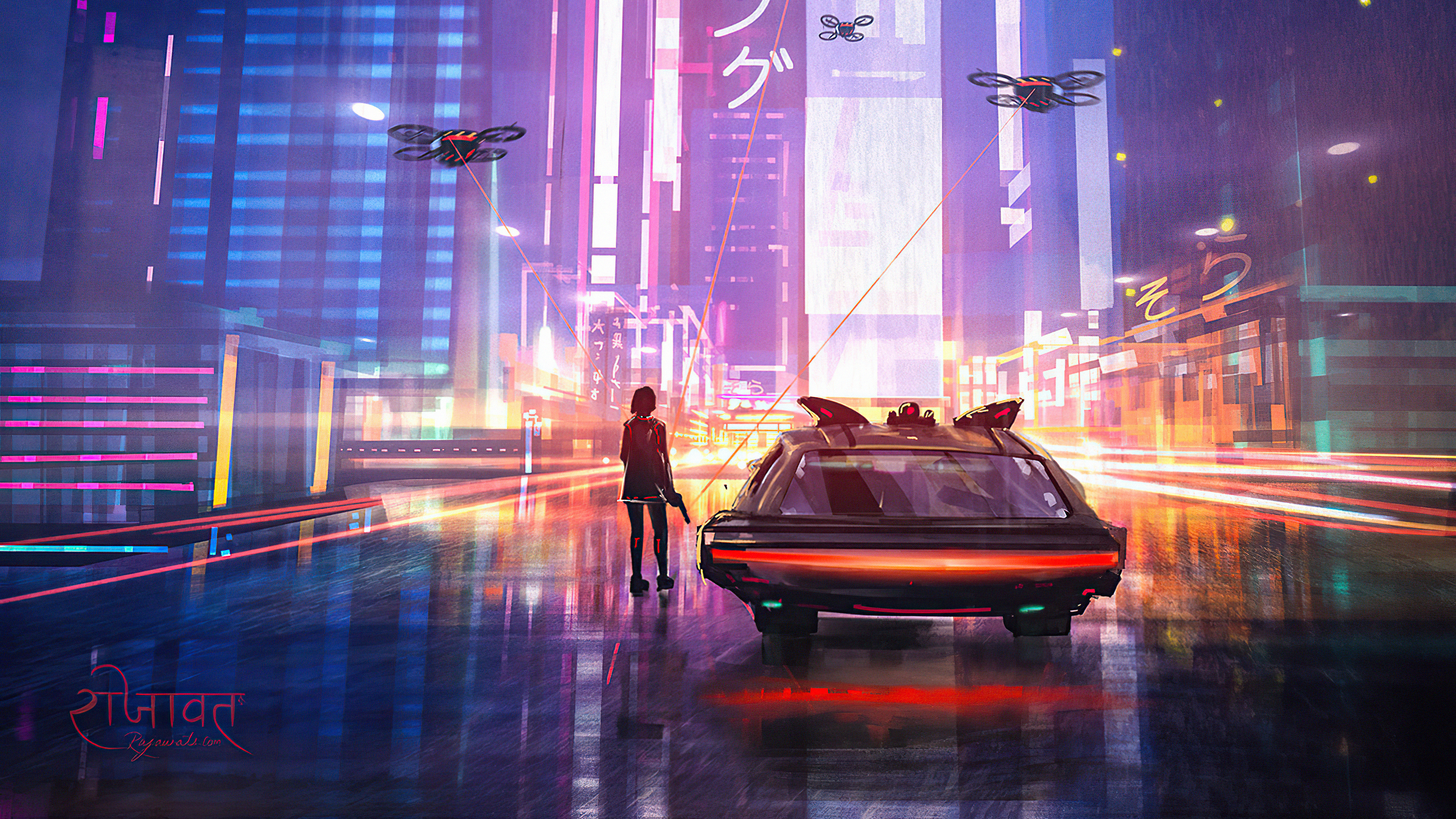 HD wallpaper sci fi, cyberpunk, car, drone, futuristic
