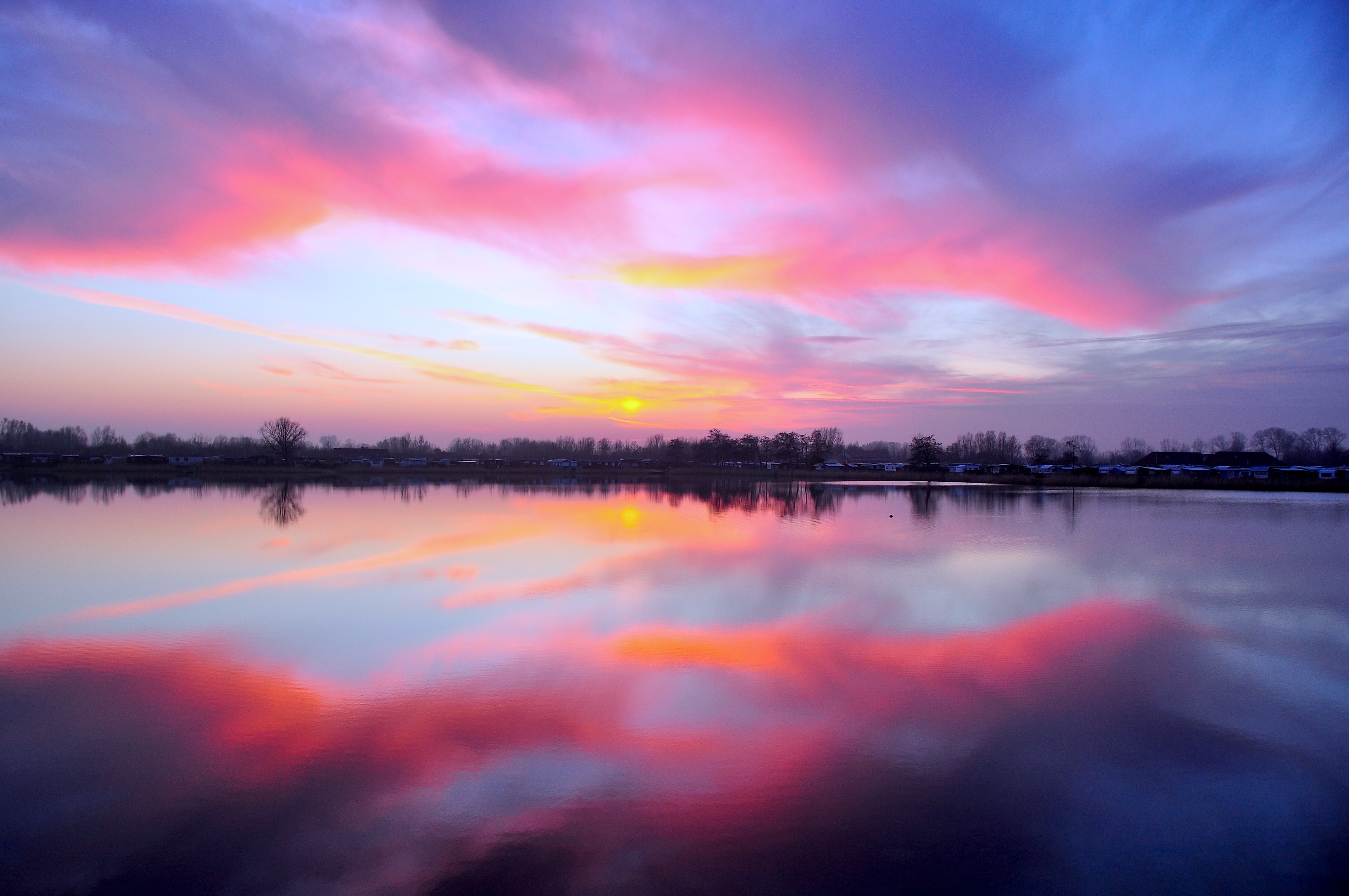 lake, nature, sunset, sky, horizon, reflection 1080p
