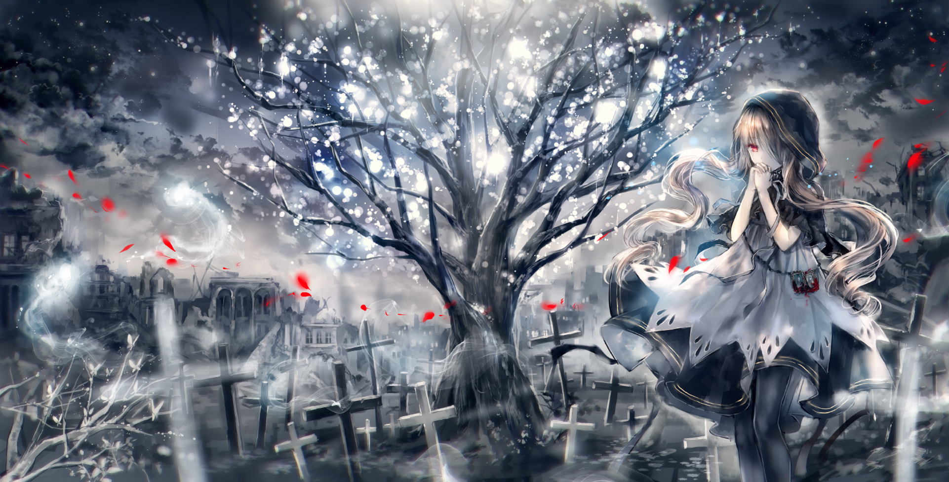 White haired girl in gray knight armor sitting on graveyard anime  illustration HD wallpaper | Wallpaper Flare