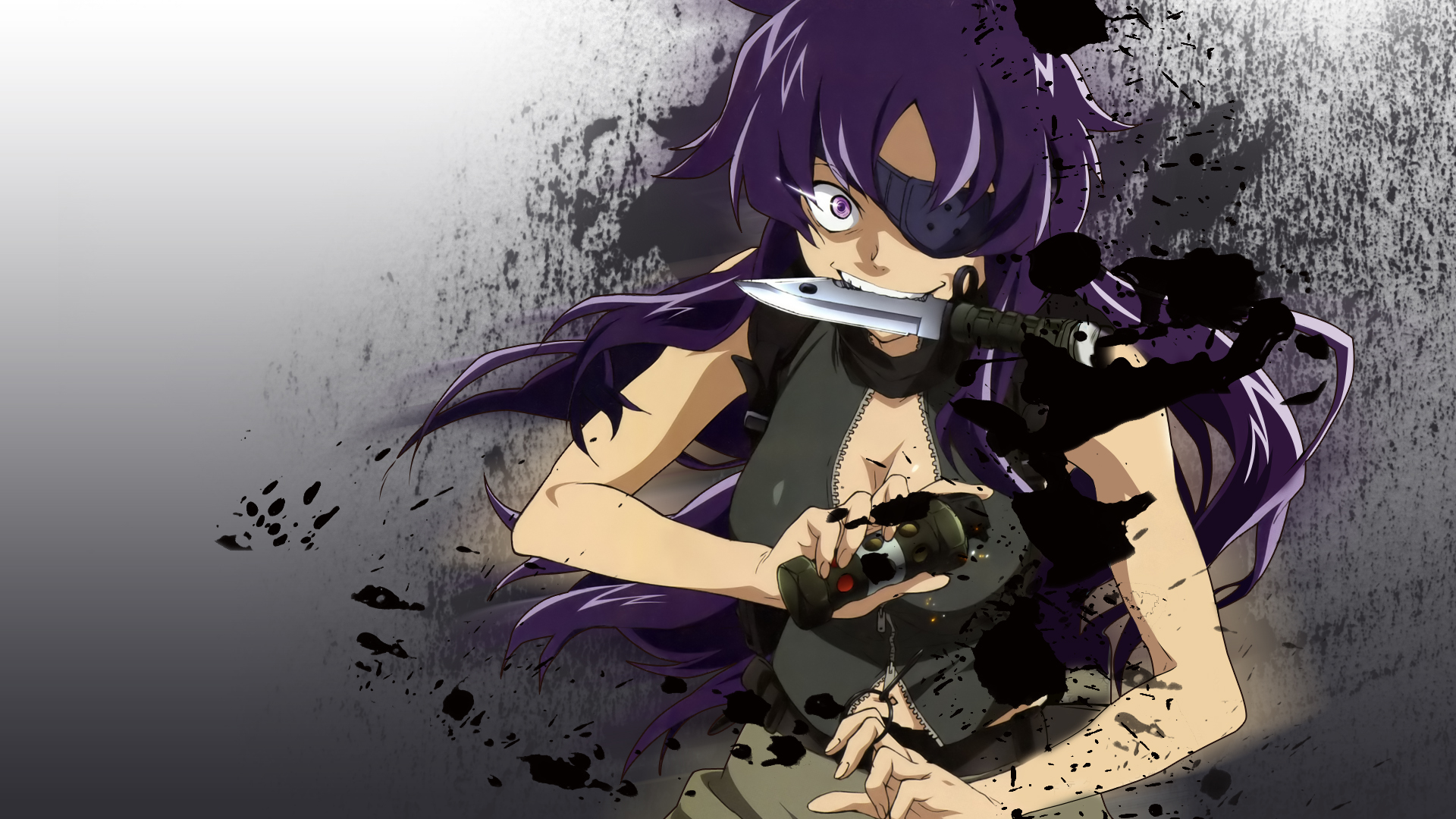 anime, mirai nikki, eye patch, future diary, grenade, knife, long hair, minene uryu, purple eyes, purple hair, weapon Full HD