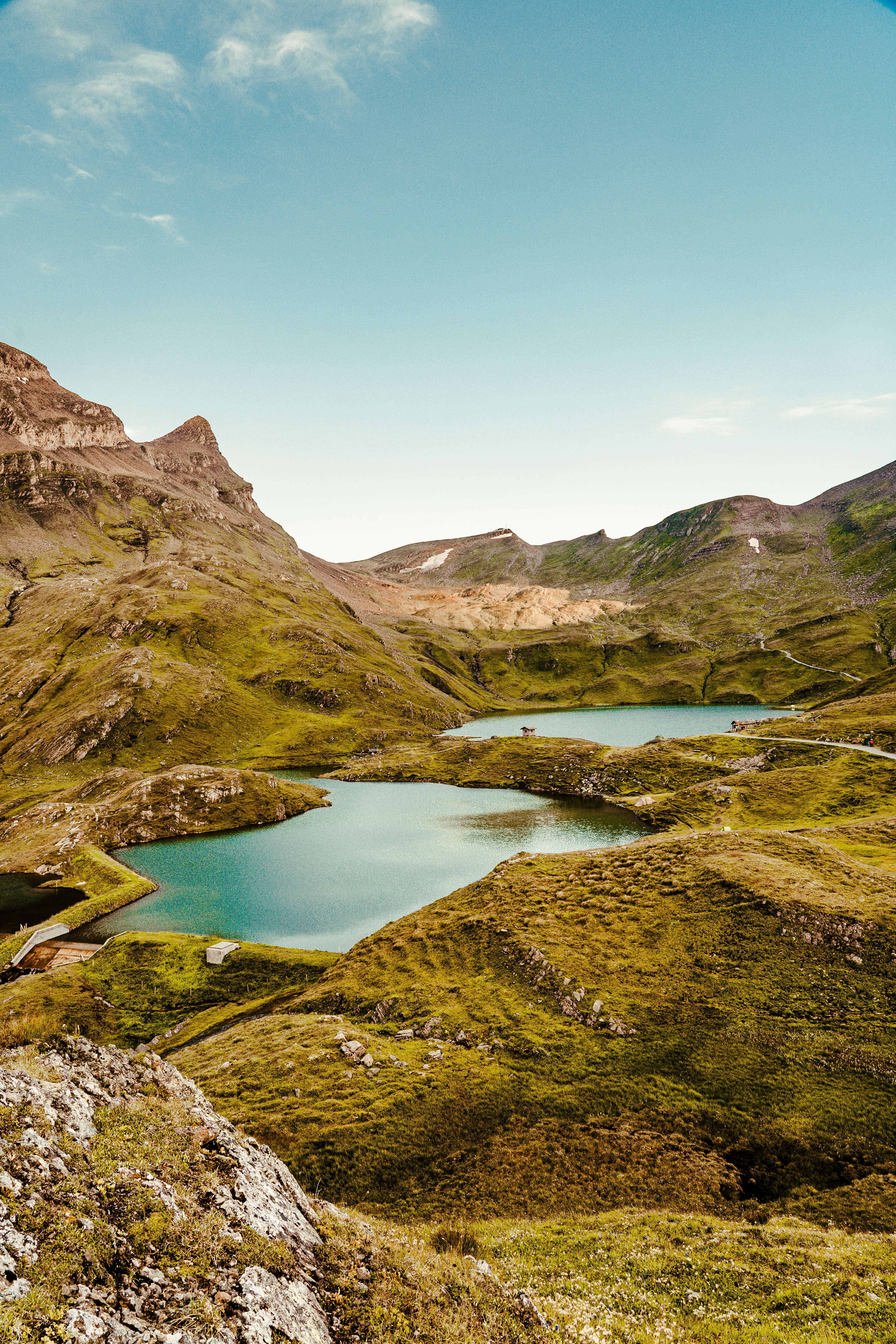 mountains, nature, grass, sky, rocks, lake 1080p