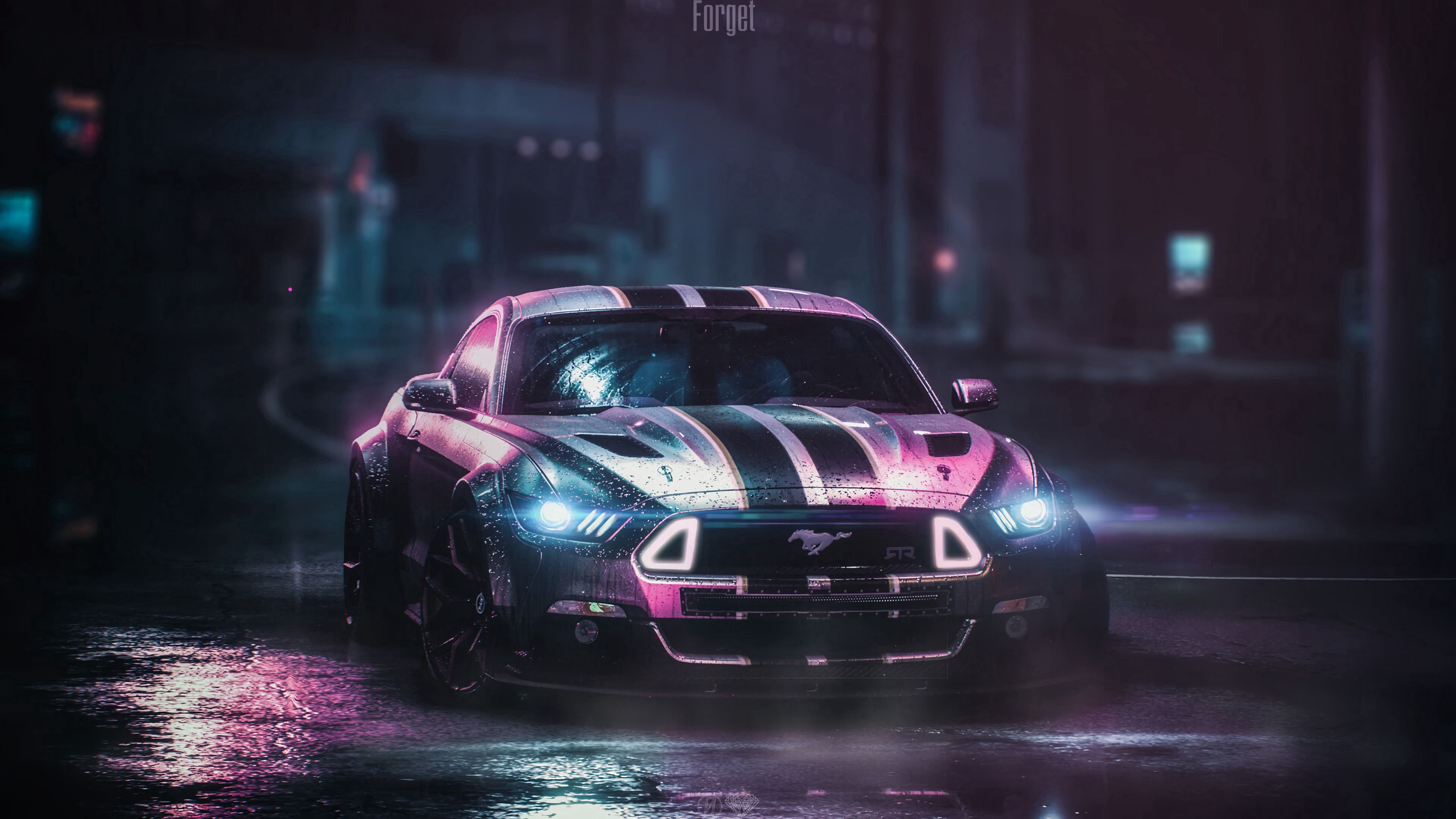 machine, ford mustang gtr, cars, neon, wet, ford, night, car HD wallpaper
