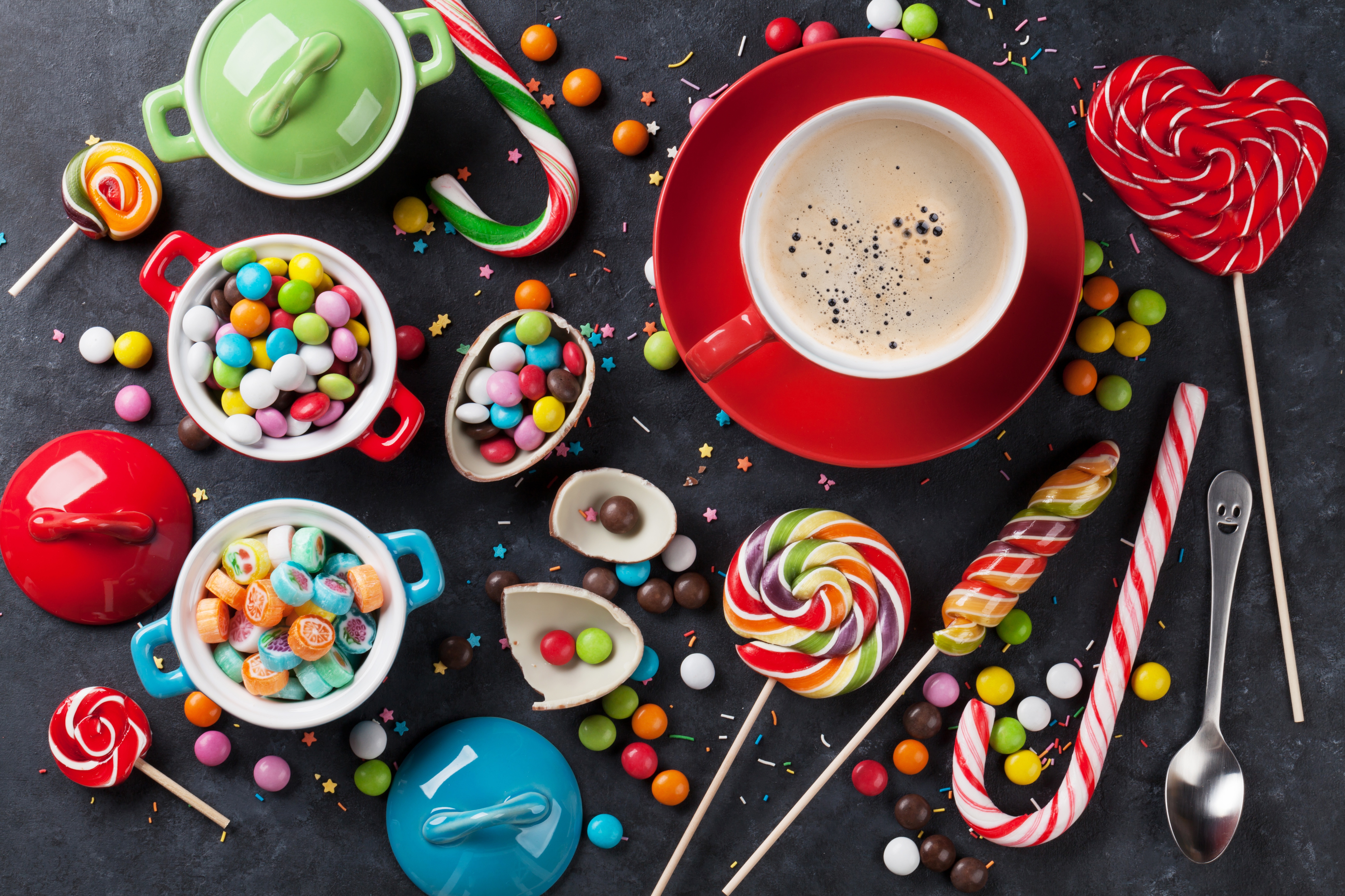 food, candy, coffee, colorful, colors, cup, lollipop, sweets