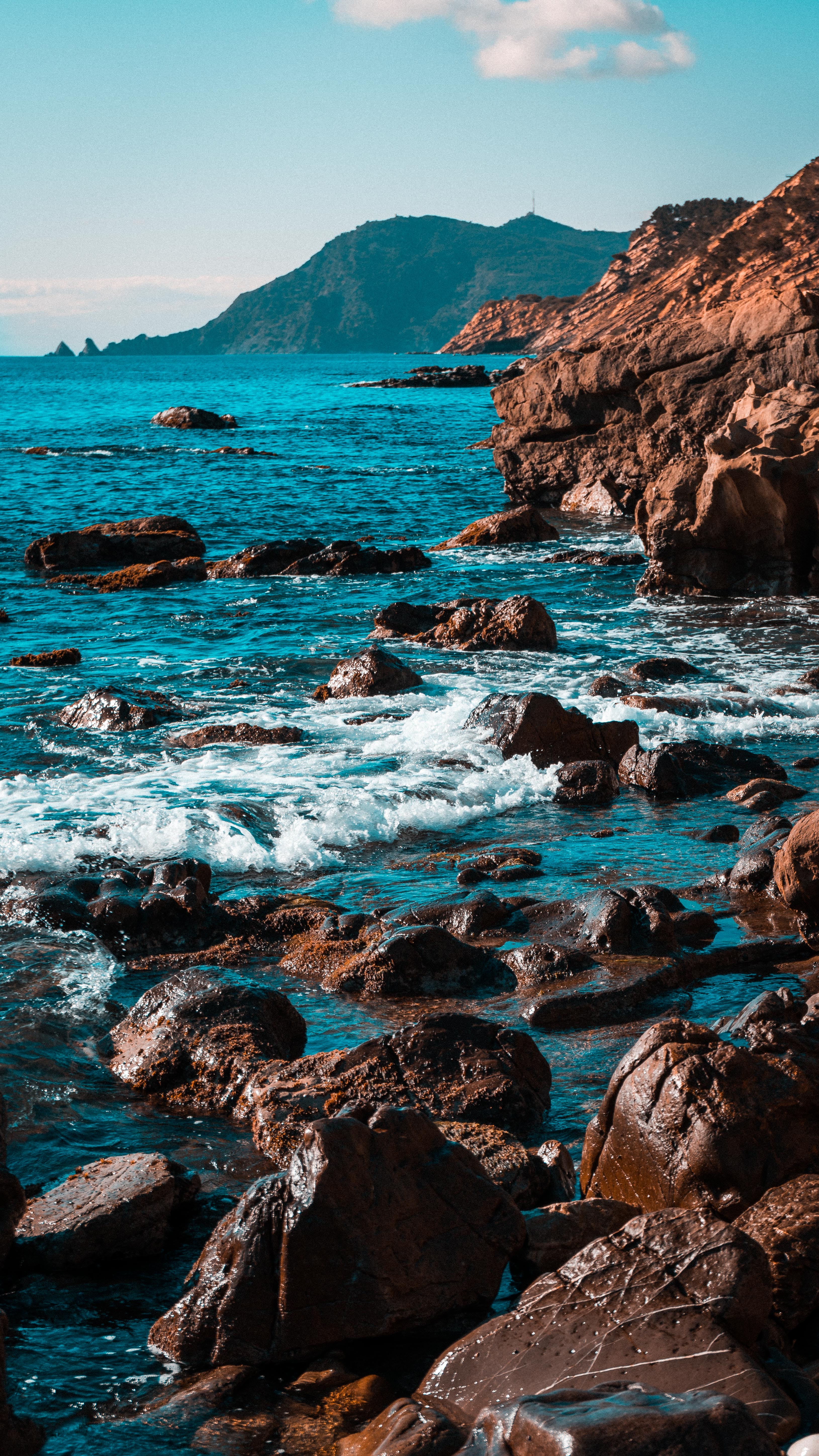 mountains, nature, waves, rocks, surf Smartphone Background