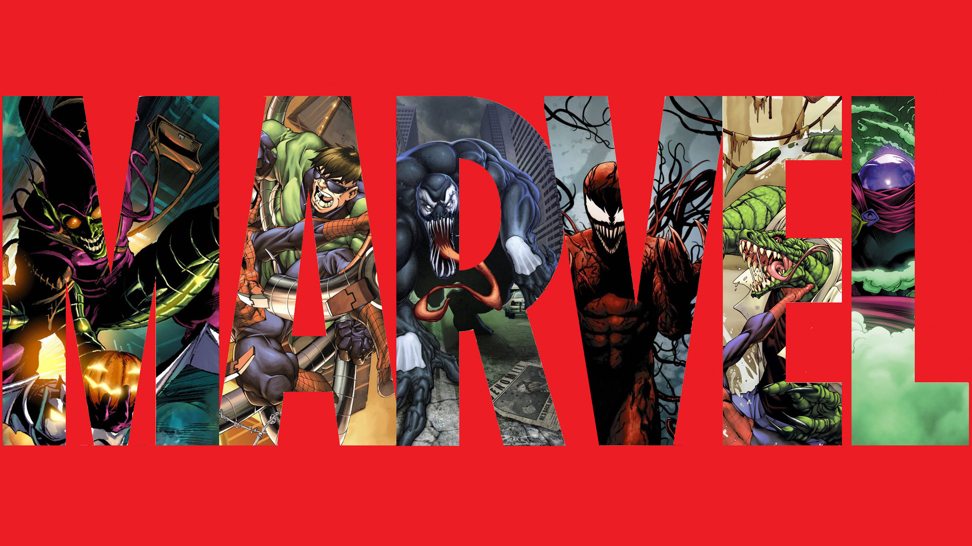 comics, marvel comics, carnage (marvel comics), doctor octopus, green goblin, lizard (marvel comics), logo, mysterio (marvel comics), venom