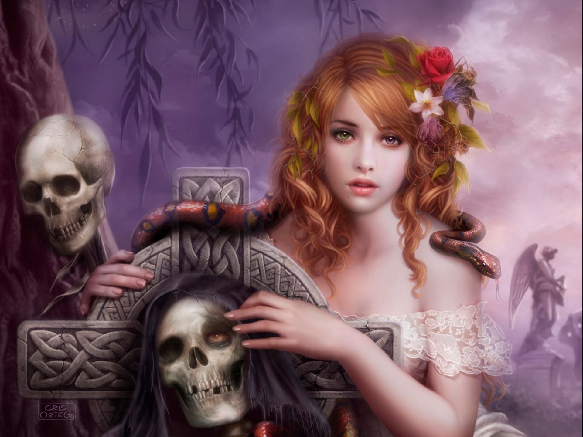 Download mobile wallpaper Fantasy, Gothic, Flower, Snake, Skull, Skeleton, Women, Cross, Heterochromia for free.