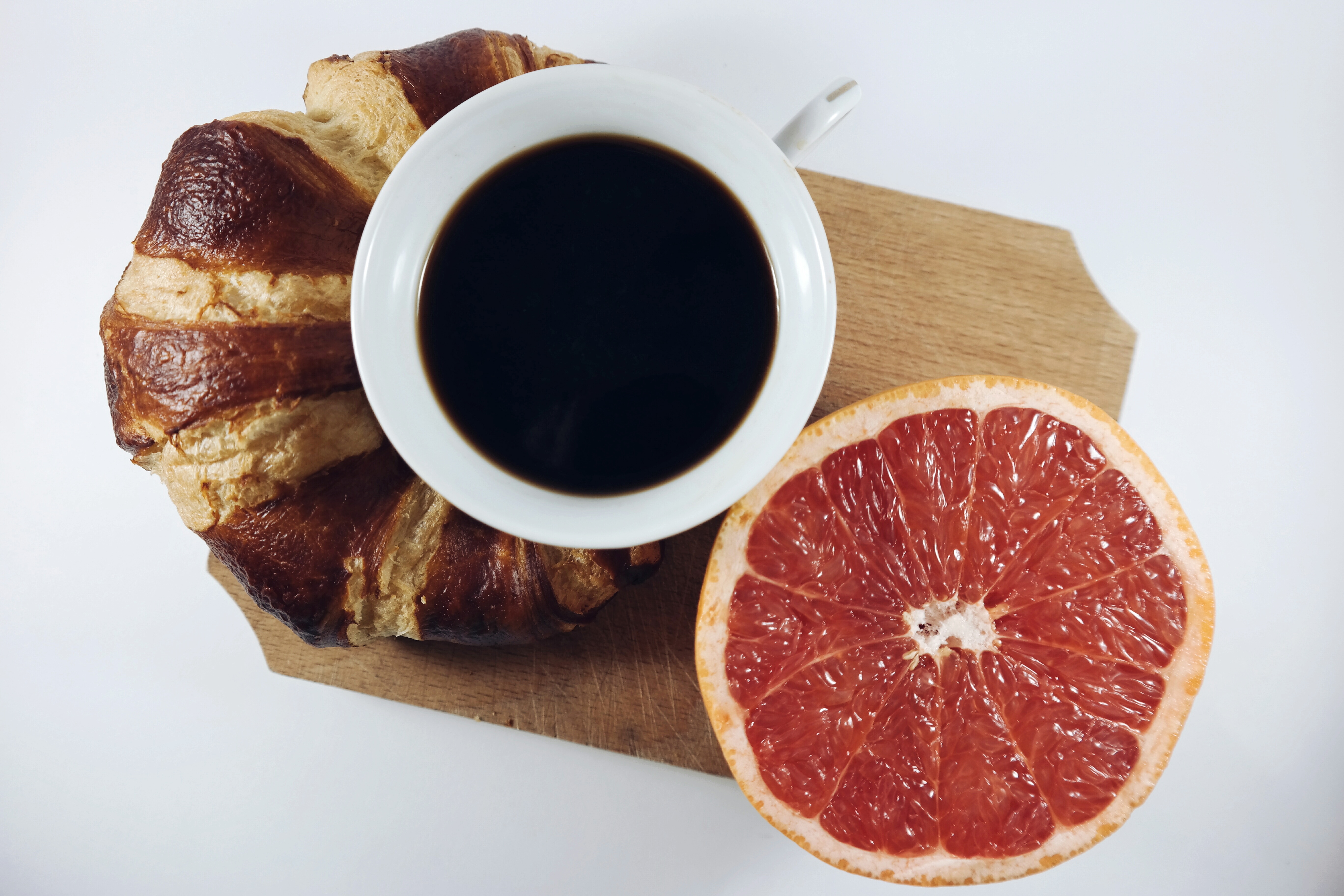 food, breakfast, coffee, croissant, cup, grapefruit