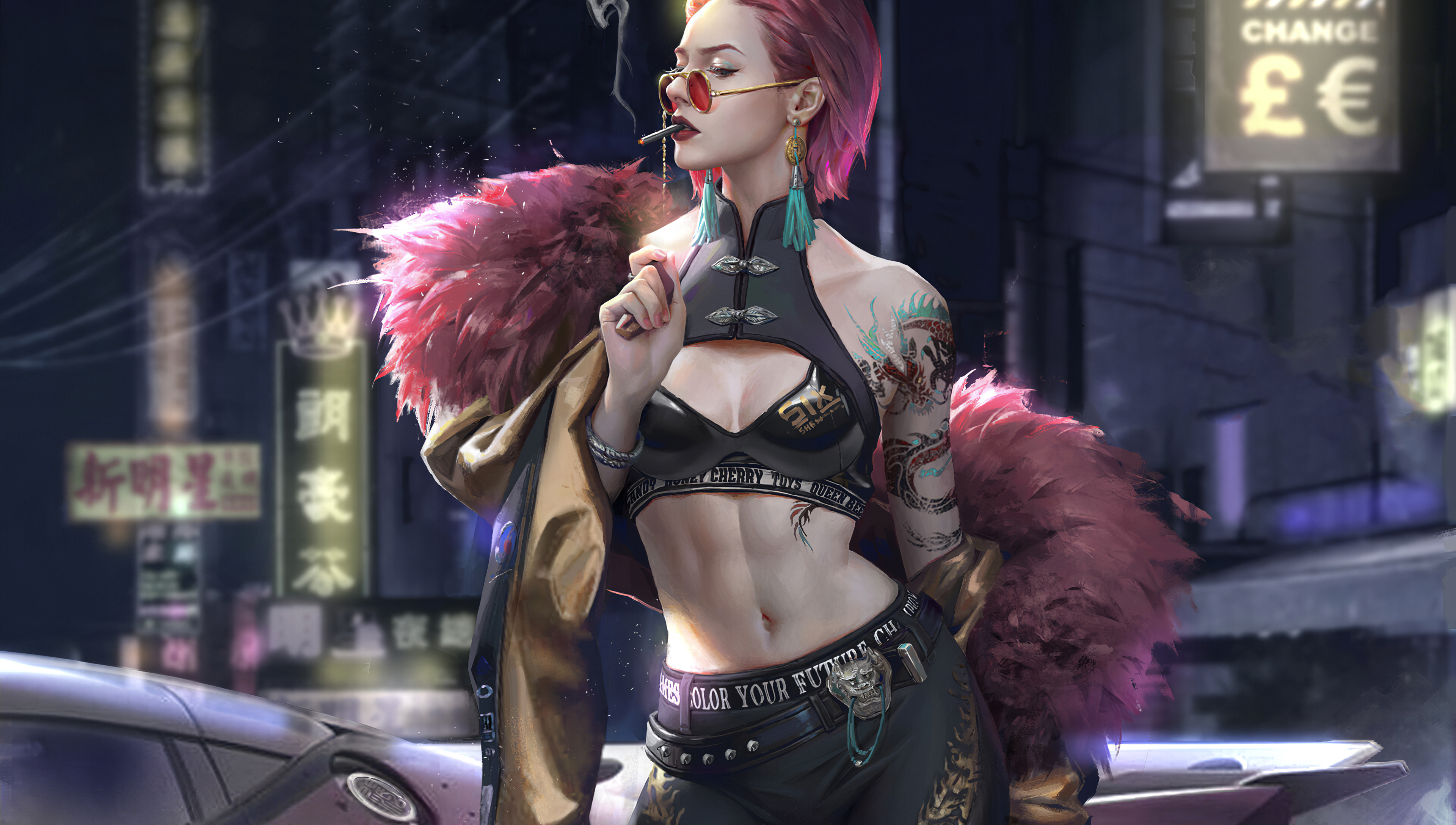 cyberpunk, earrings, smoking, sci fi, pink hair, short hair phone wallpaper