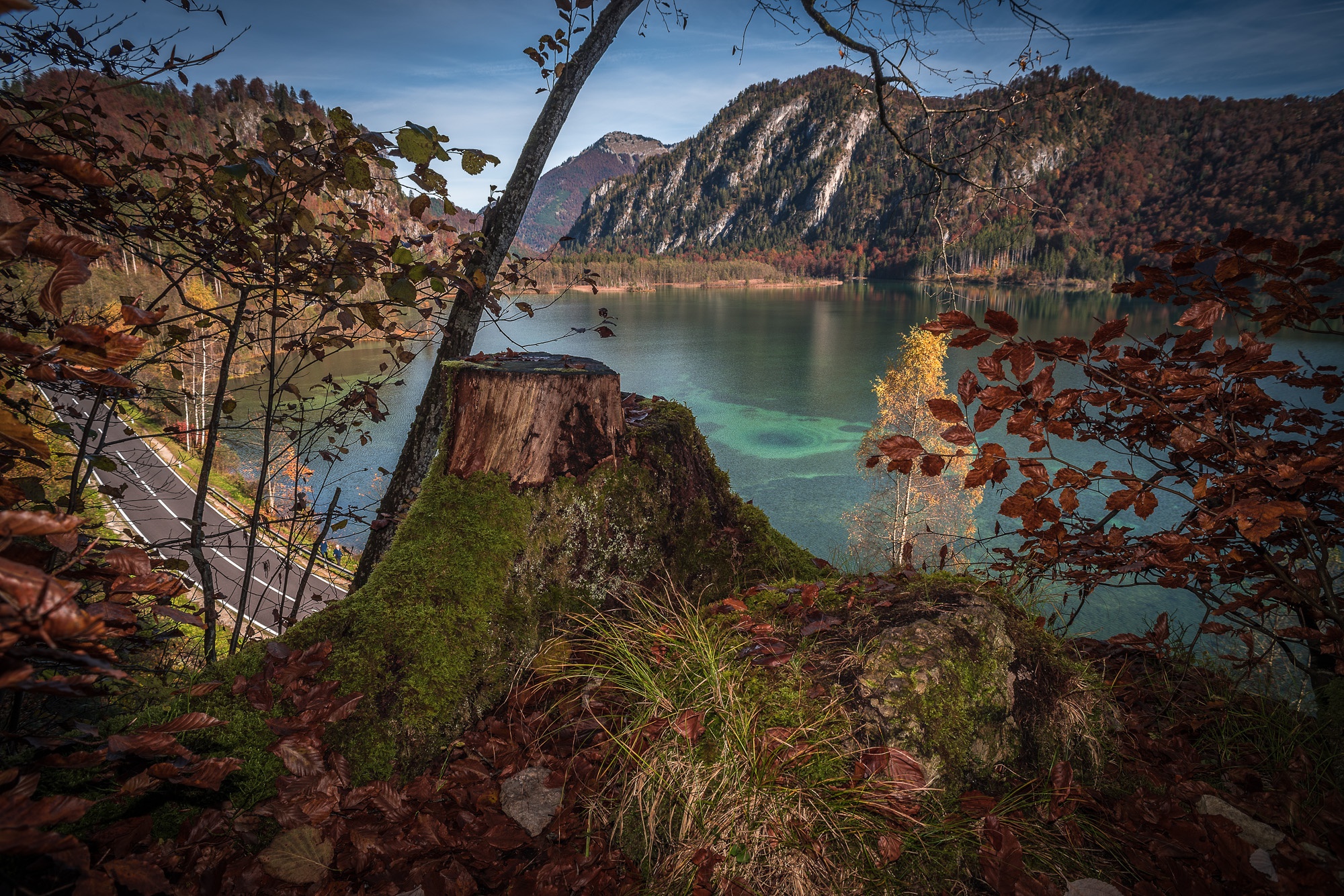 photography, lake, austria, fall, mountain, nature, road, stump, lakes Full HD