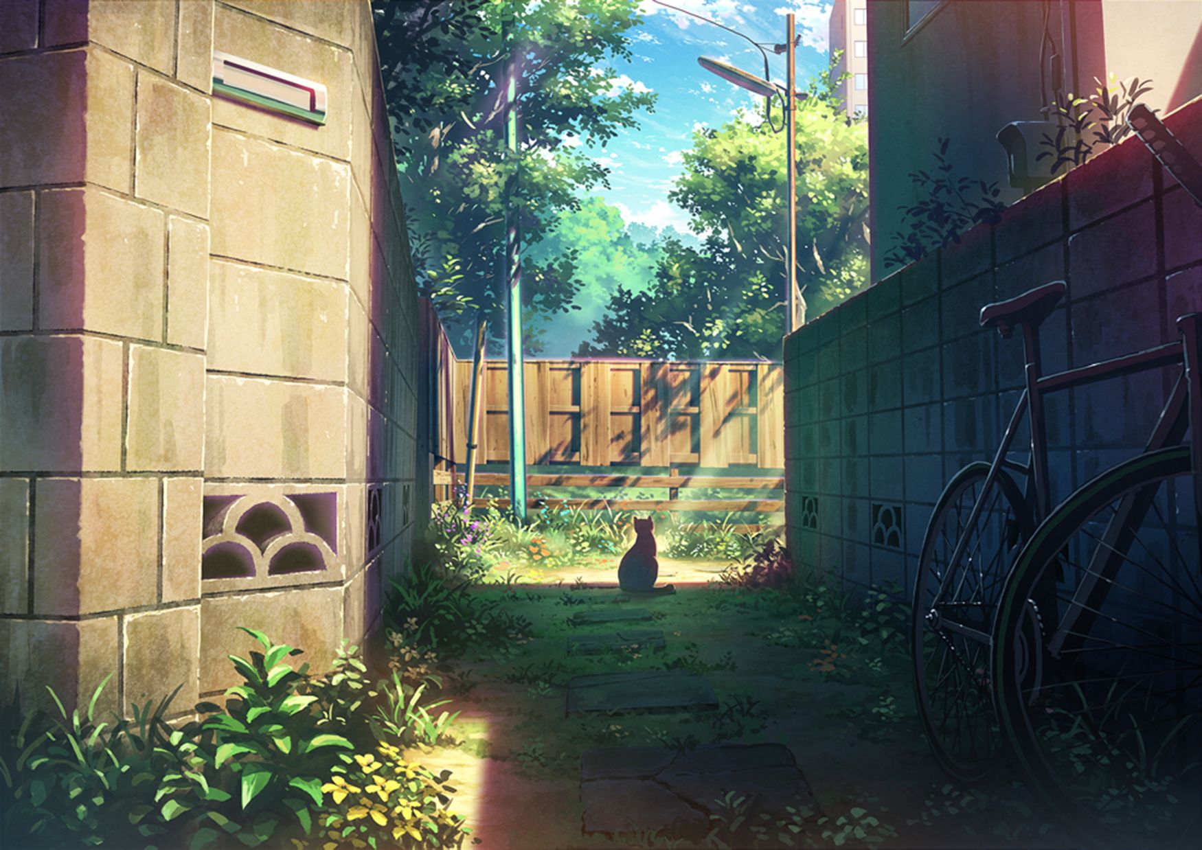 anime, original, bicycle, bush, cat, flower, shadow, sunlight, tree