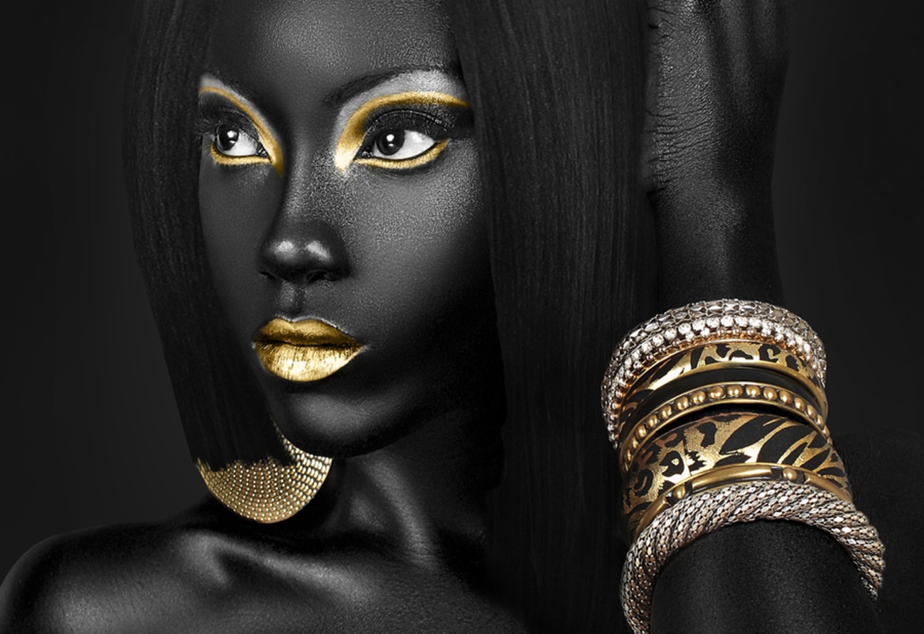 model, black, gold, women